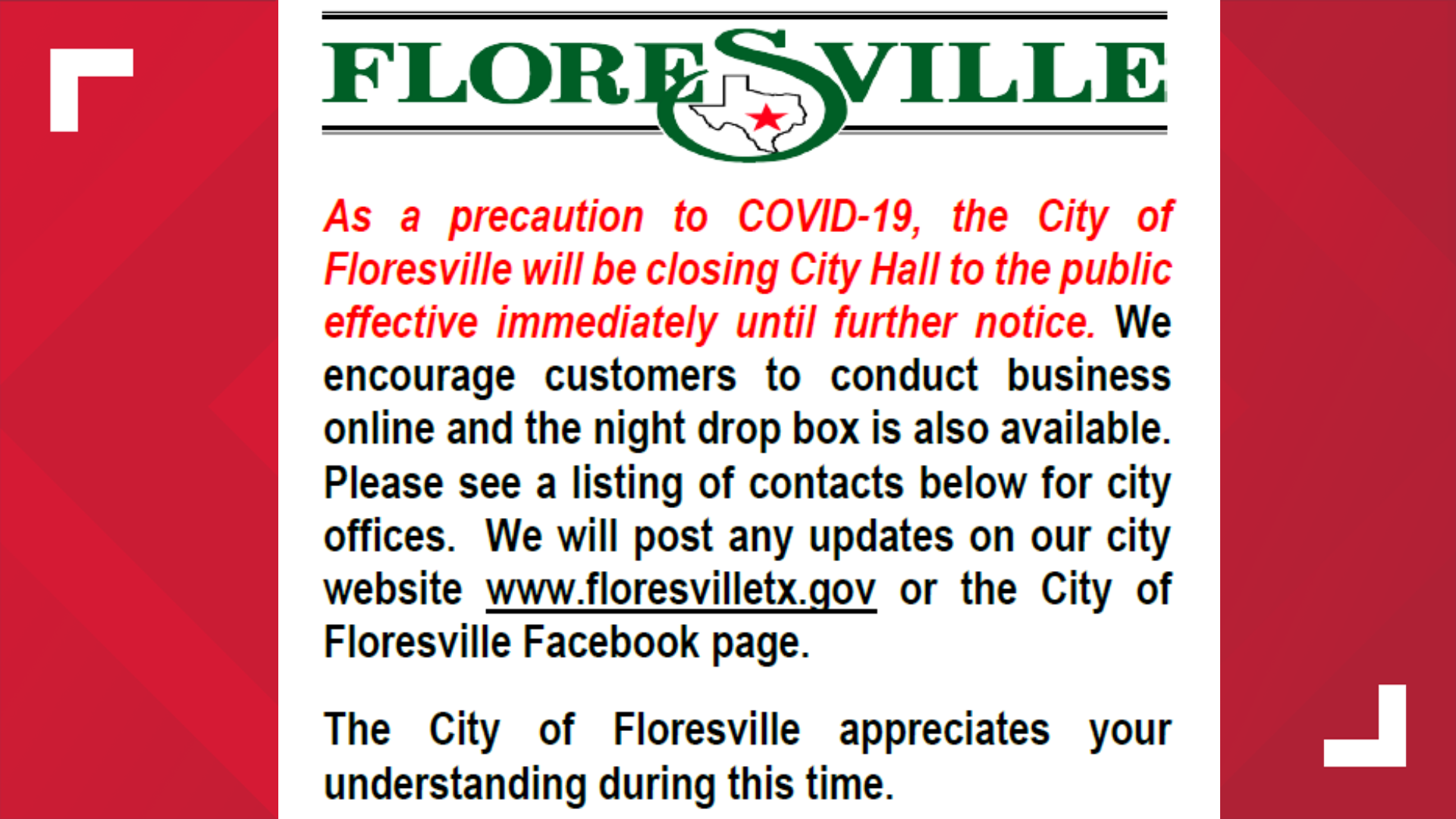 Floresville closes City Hall 'as a precaution to COVID19'