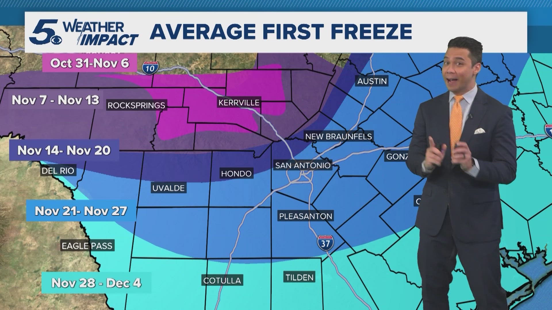 Ryan Shoptaugh takes a look at the average first freeze in South Texas ahead of some potentially freezing temperatures in the Hill Country this week.