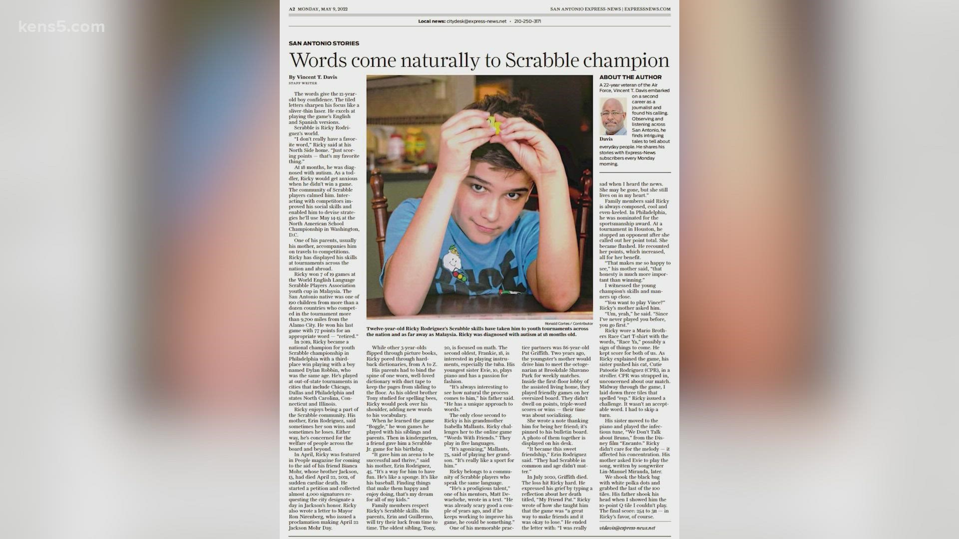 Ricky Rodriguez, who is only 12, leaves for Washington DC to compete in the North American School Scrabble Championship.