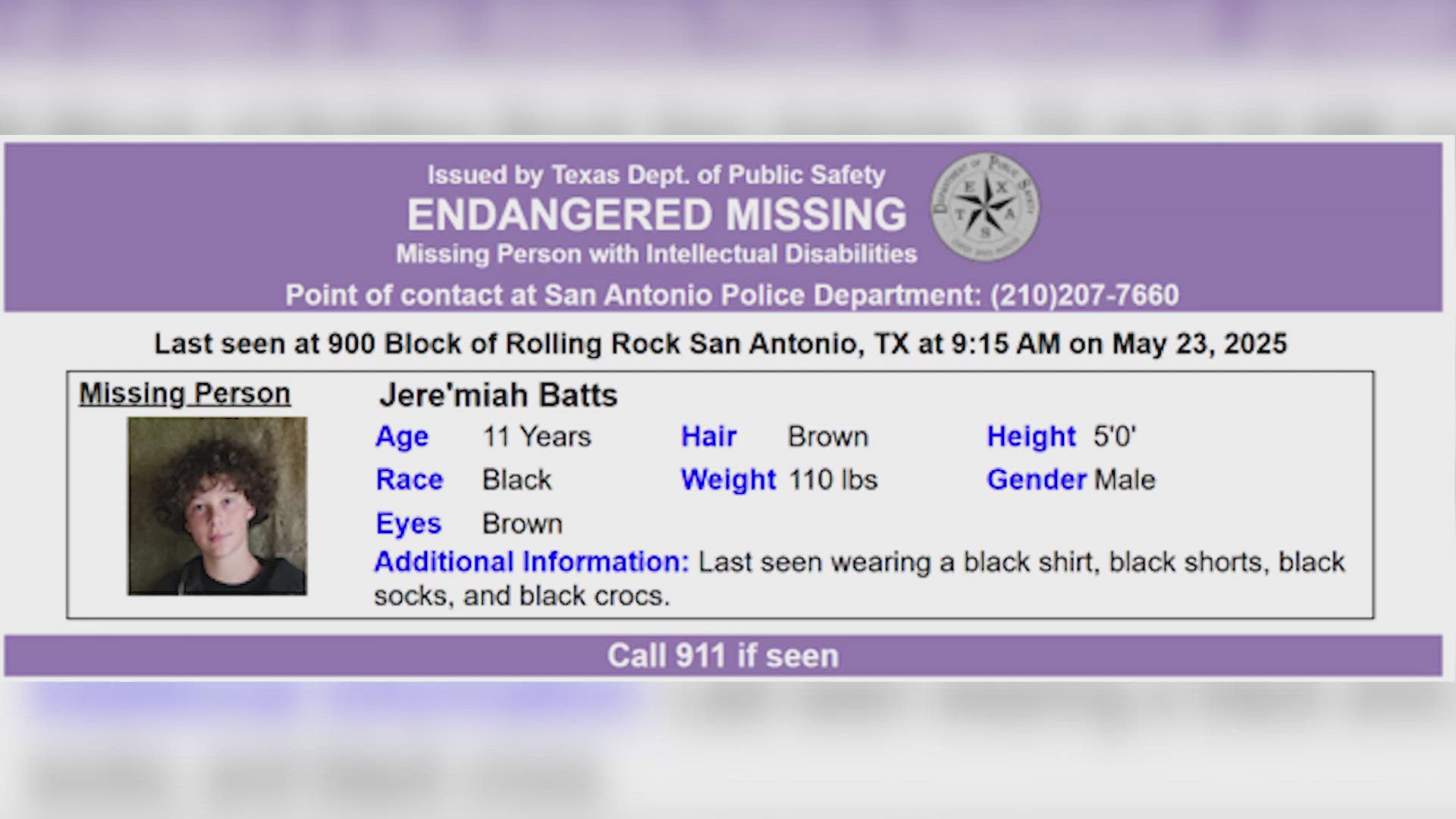 San Antonio Police are looking for missing 11-year-old Jere'miah Batts last seen Friday in west San Antonio.