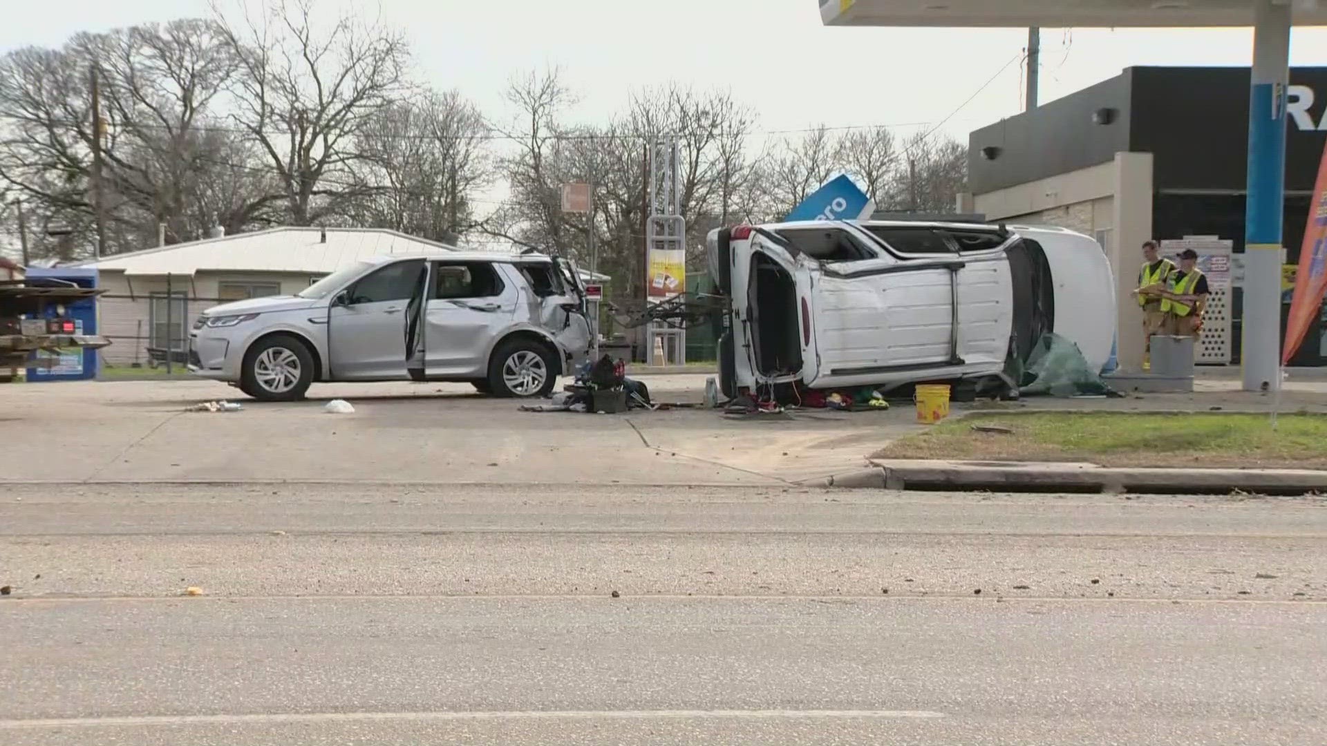 BCSO says two vehicles were involved in a crash near the intersection where one vehicle flipped over and another hit a gas pump.