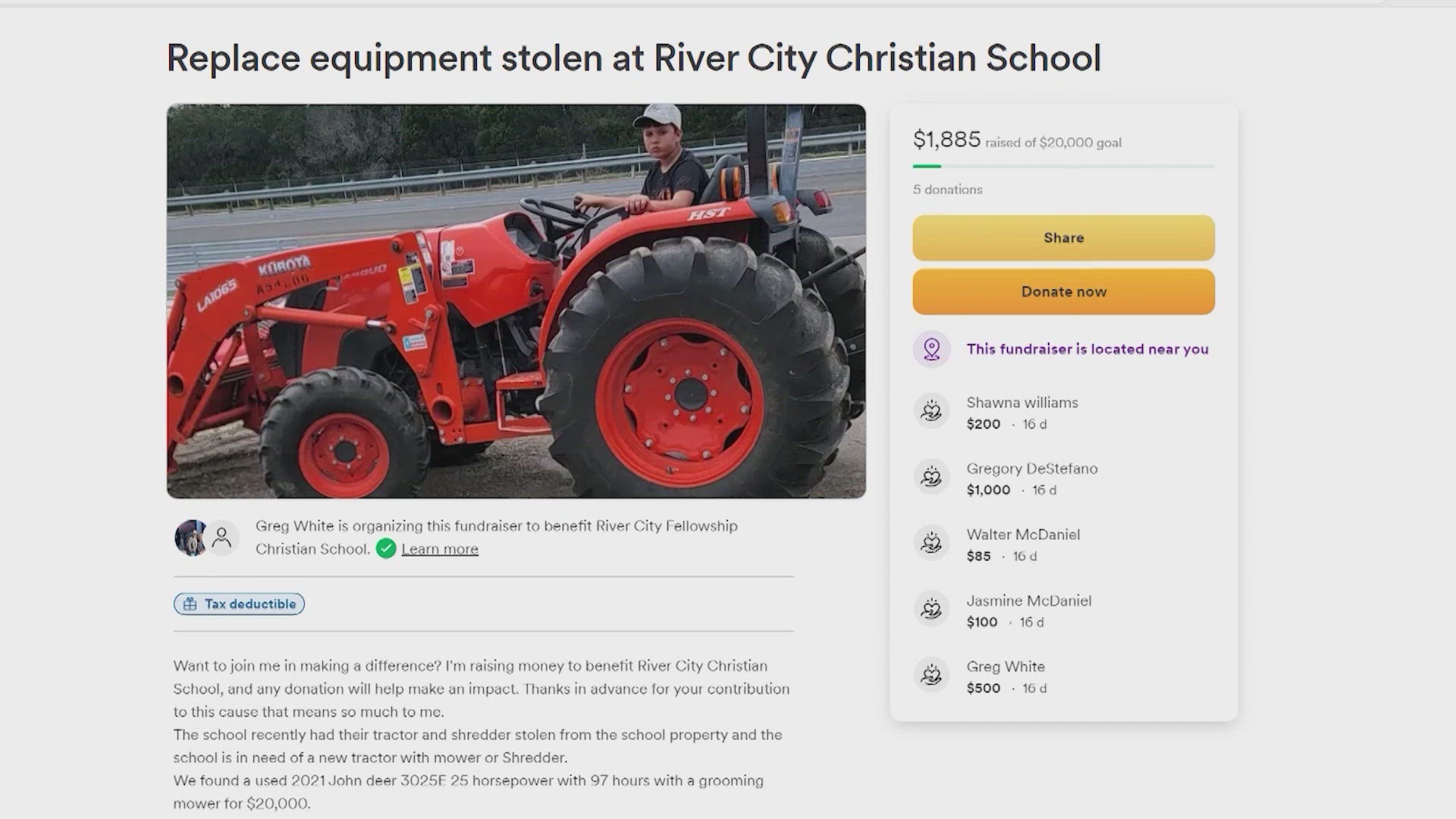 In 2022, thieves targeted River City Fellowship Christian School, stealing all the equipment used to maintain their grounds.