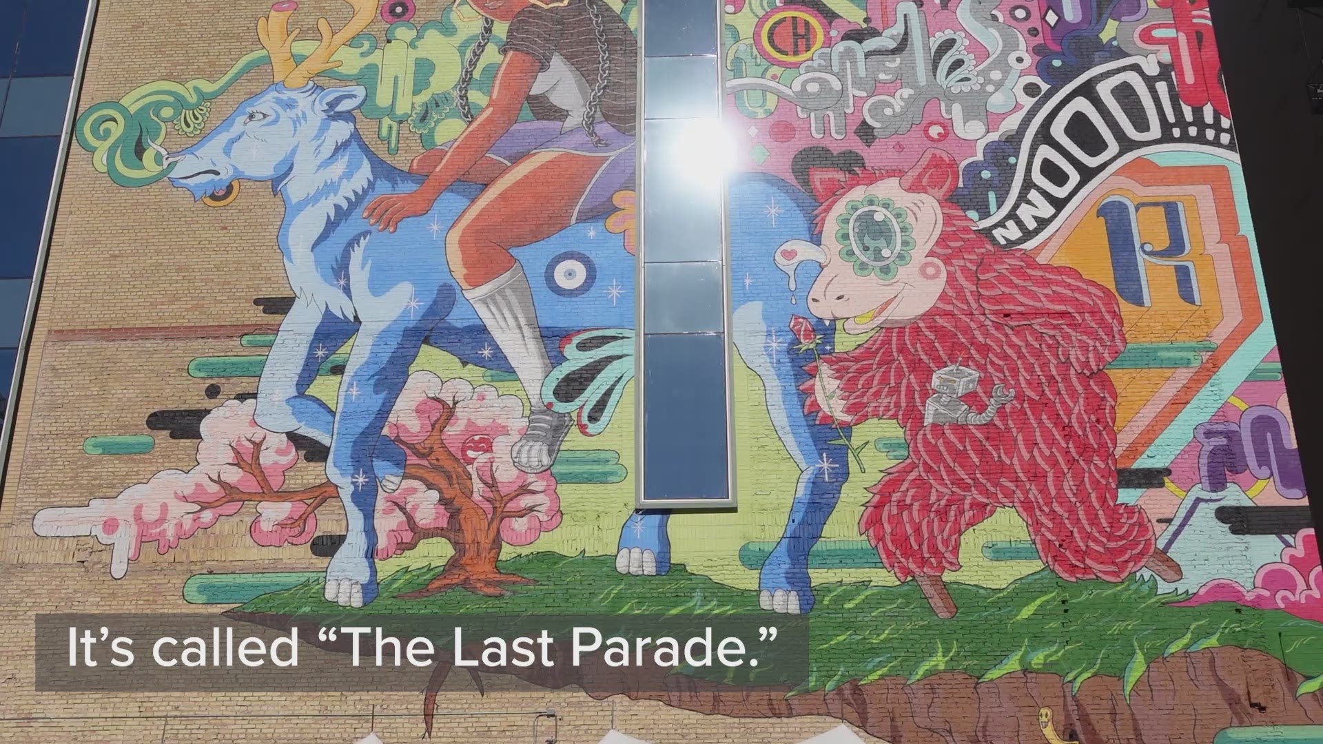 “The Last Parade,” by Rudy Herrera, is part of Centro’s Art Everywhere. Muralists Ana Hernandez, Ashley Alvarez and Crystal Tamez helped Herrera overcome his fear.