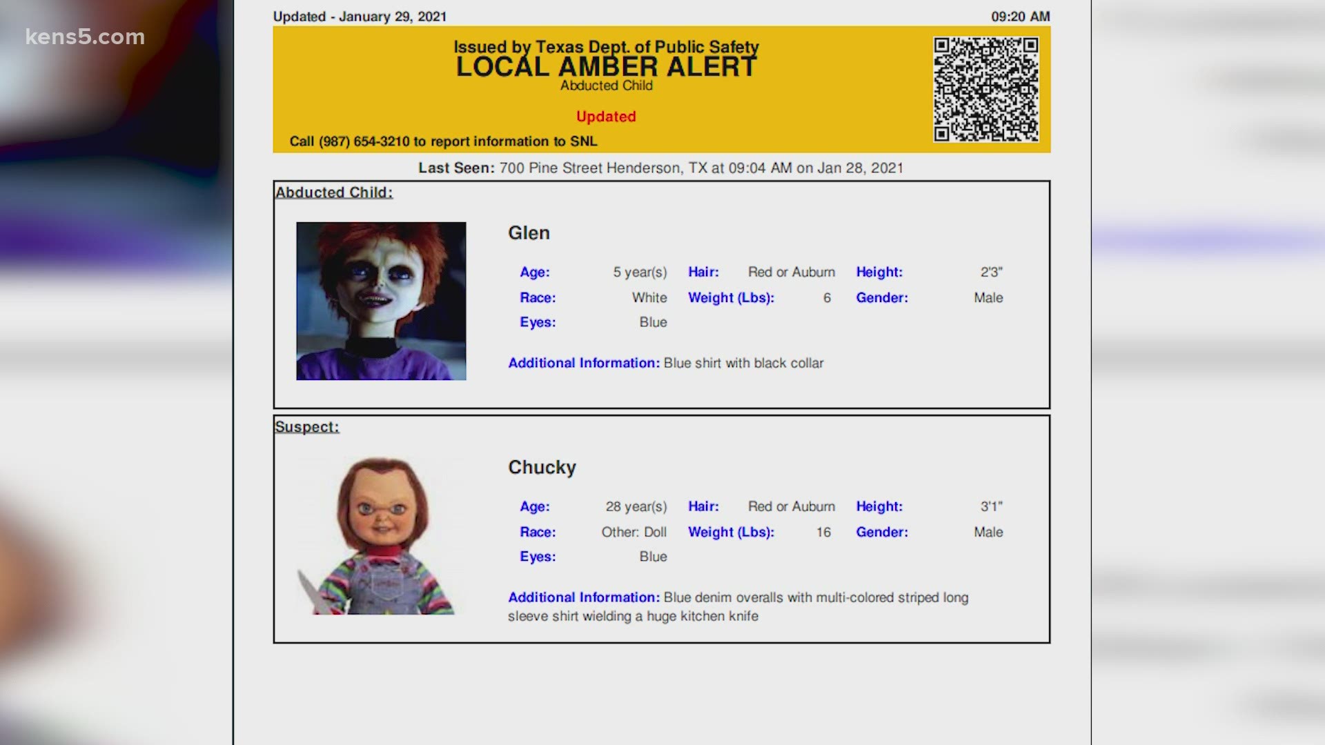 Texas Dps Mistakenly Sends Out Amber Alert For Chucky Doll Kens5 Com