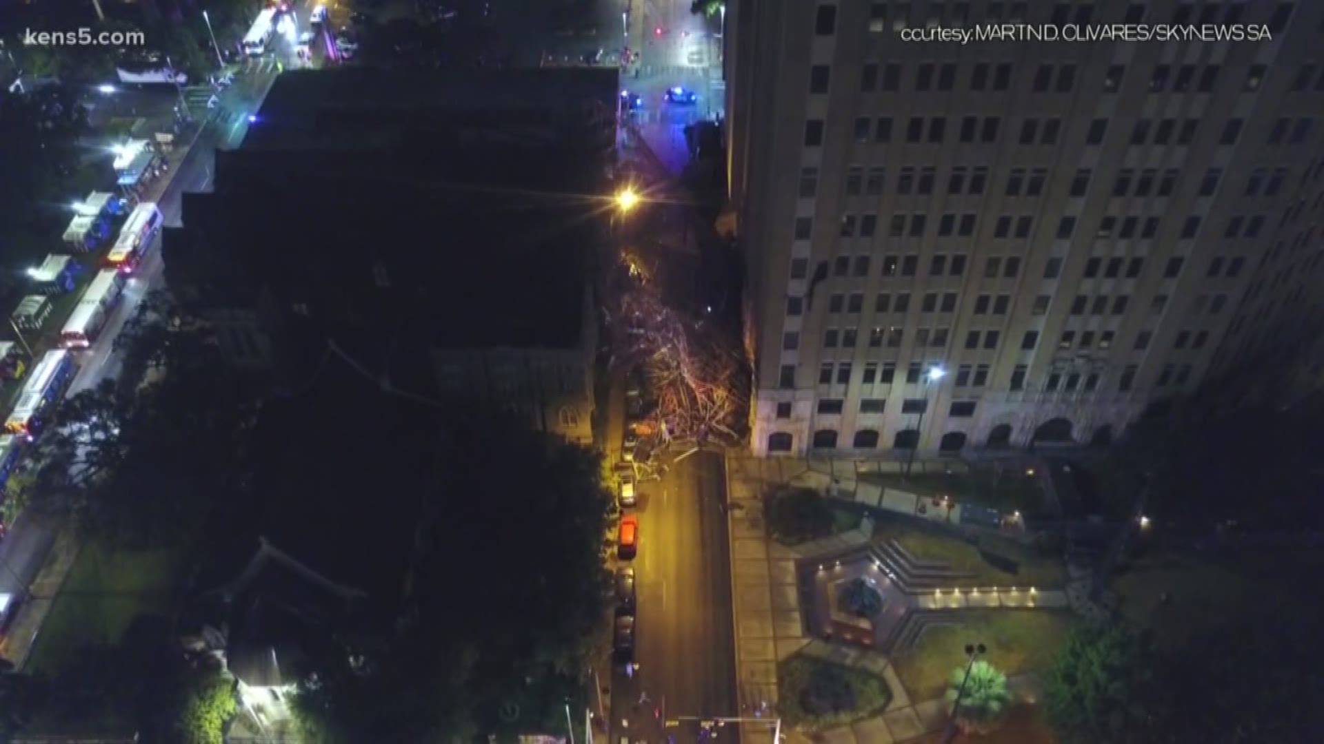 Clean up is underway after an overnight storm blew over a 100-foot scaffolding in downtown San Antonio.