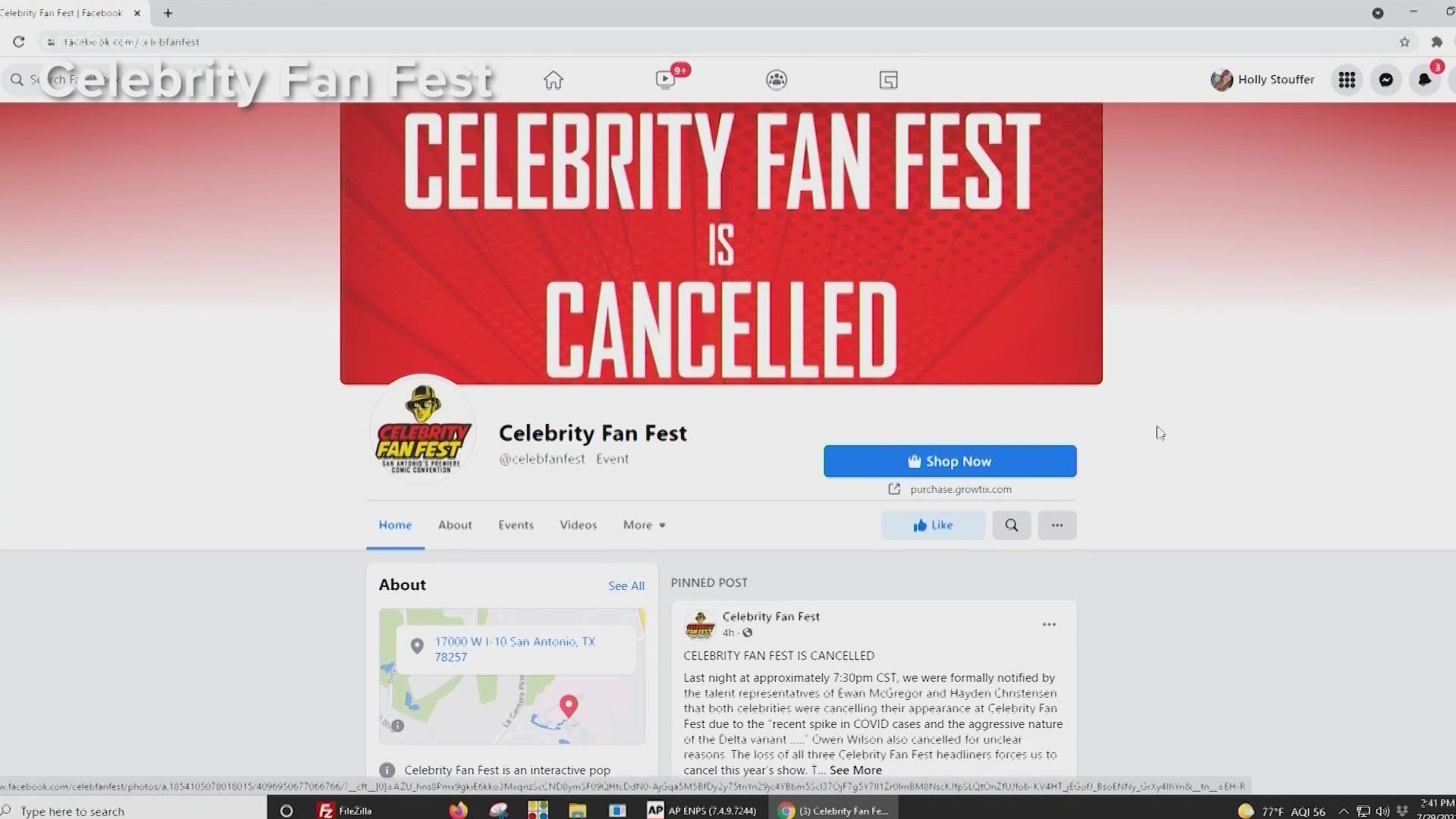 "The loss of all three Celebrity Fan Fest headliners forces us to cancel this year’s show."