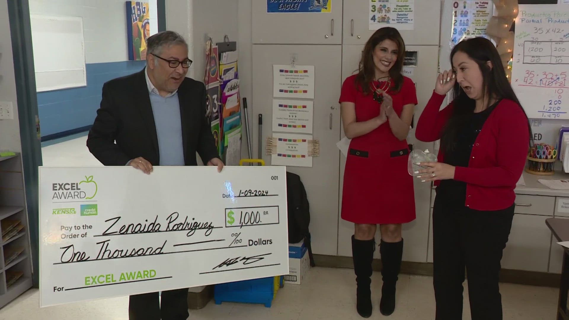 Credit Human and Sarah Forgany dropped by Zenaida Rodriguez's classroom at Henry B Gonzales Elementary to present her with the award, including a $1,000 check.