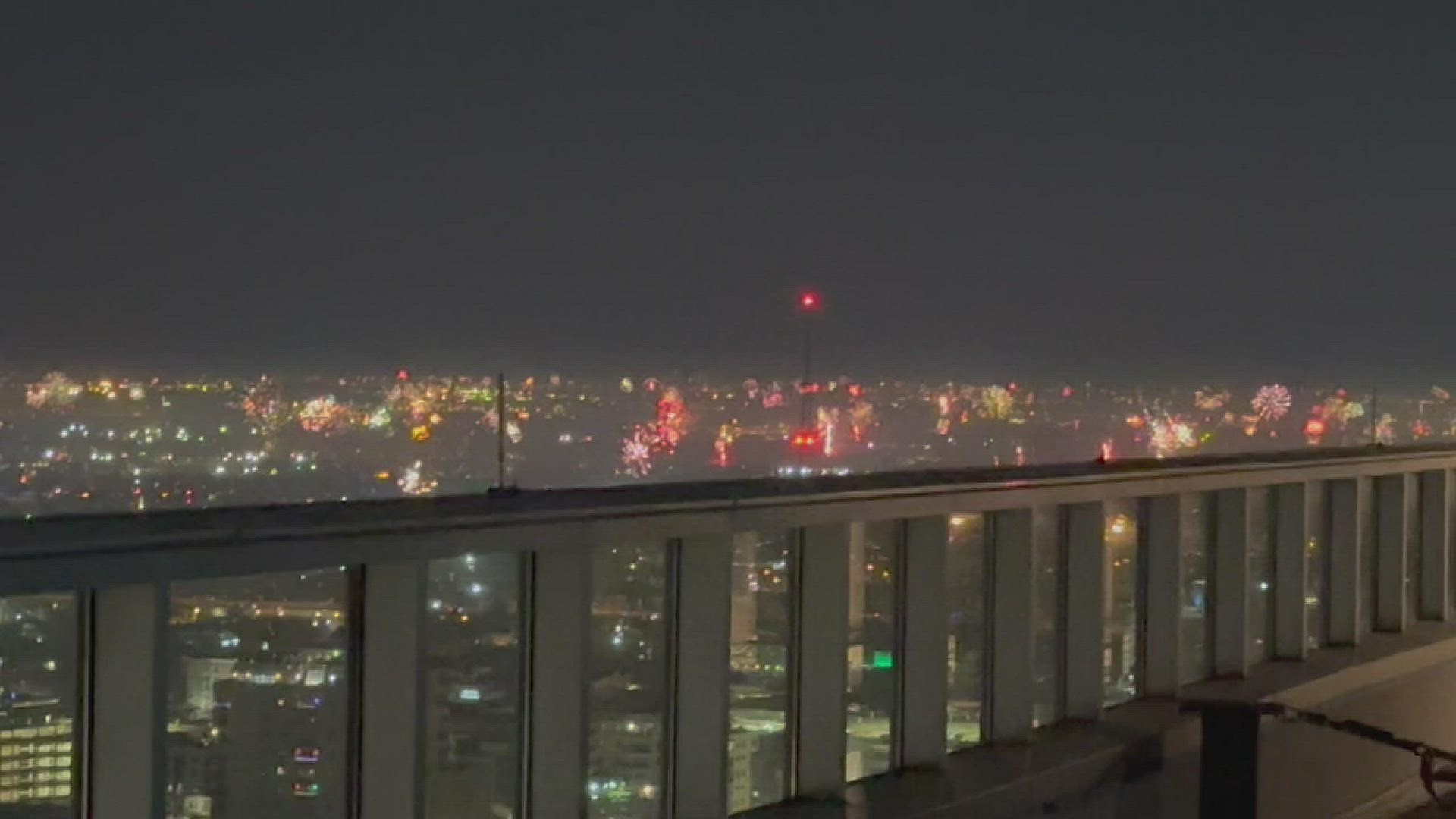 Amazing display of fireworks in downtown SA from the 32nd floor of the Azteca Condos.