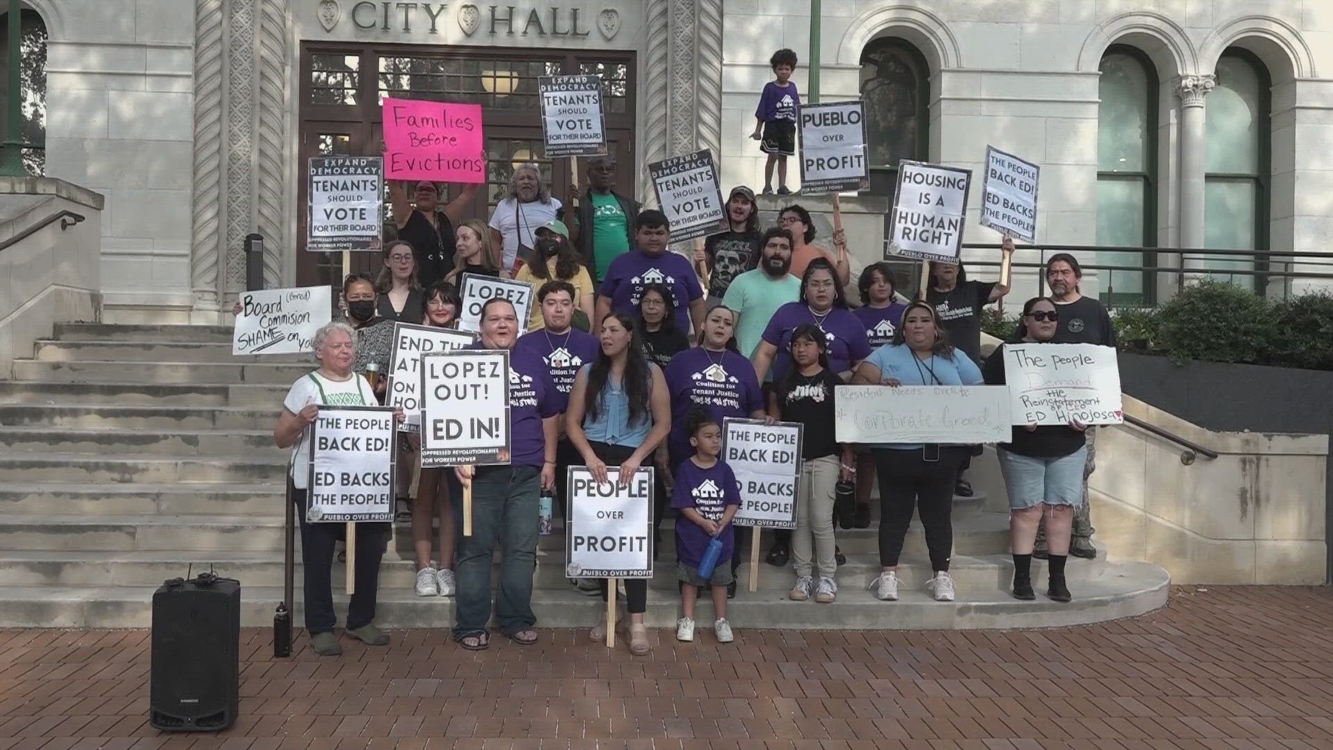 The protestors are demanding that Ed Hinojosa be given back his job.