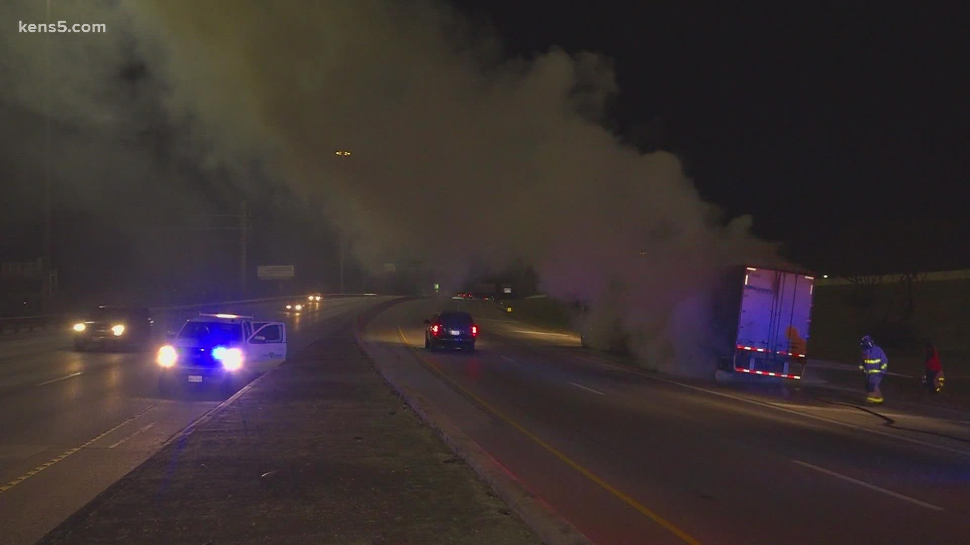 This happened at I-10 and Probandt when the brake on the semi malfunctioned causing the truck to catch on fire.