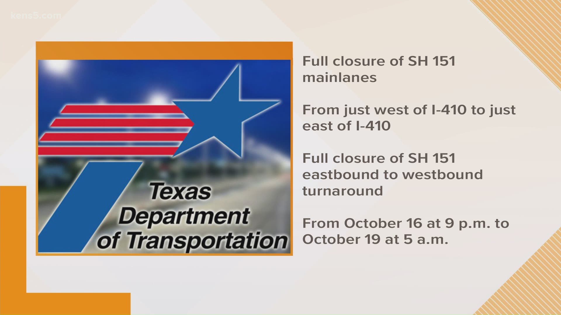 The Texas Department of Transportation has closed down Highway 151 for the weekend so crews can work on the flyover ramps and beam installation.