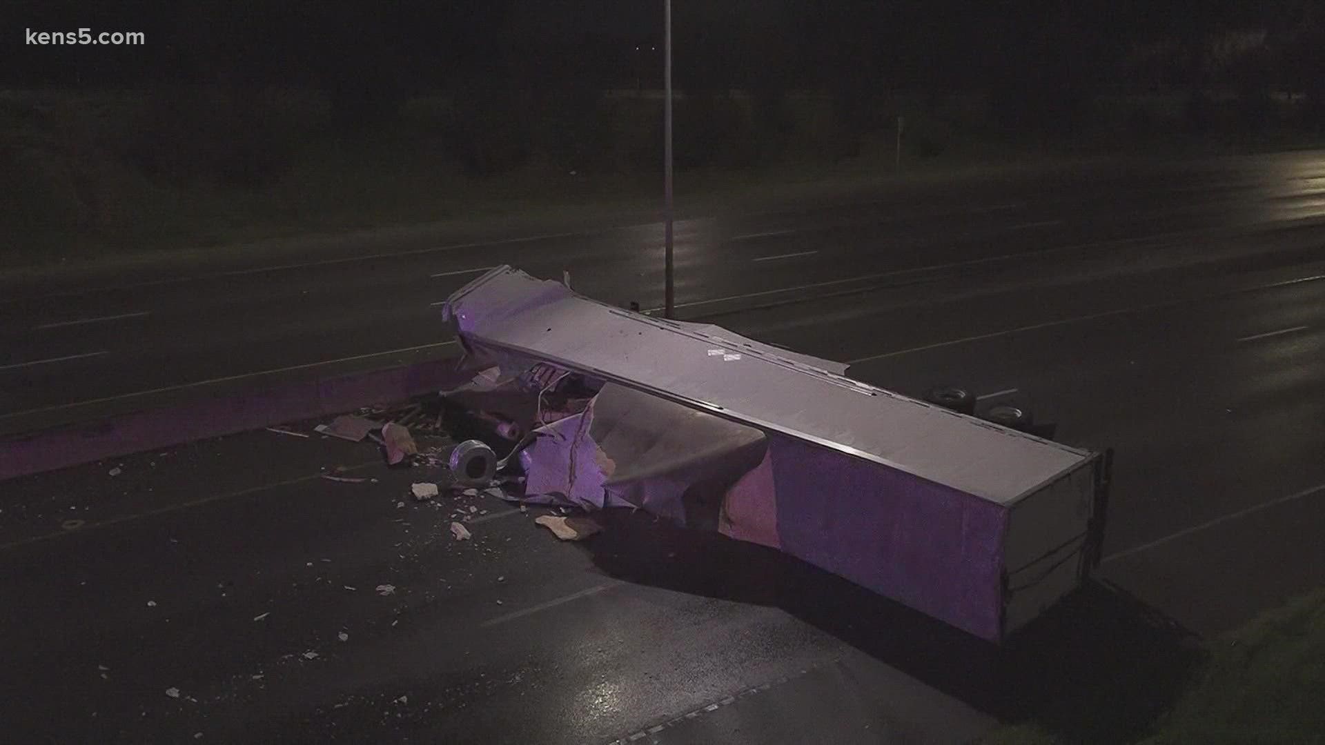 The truck's trailer wound up sideways across all lanes of 281.