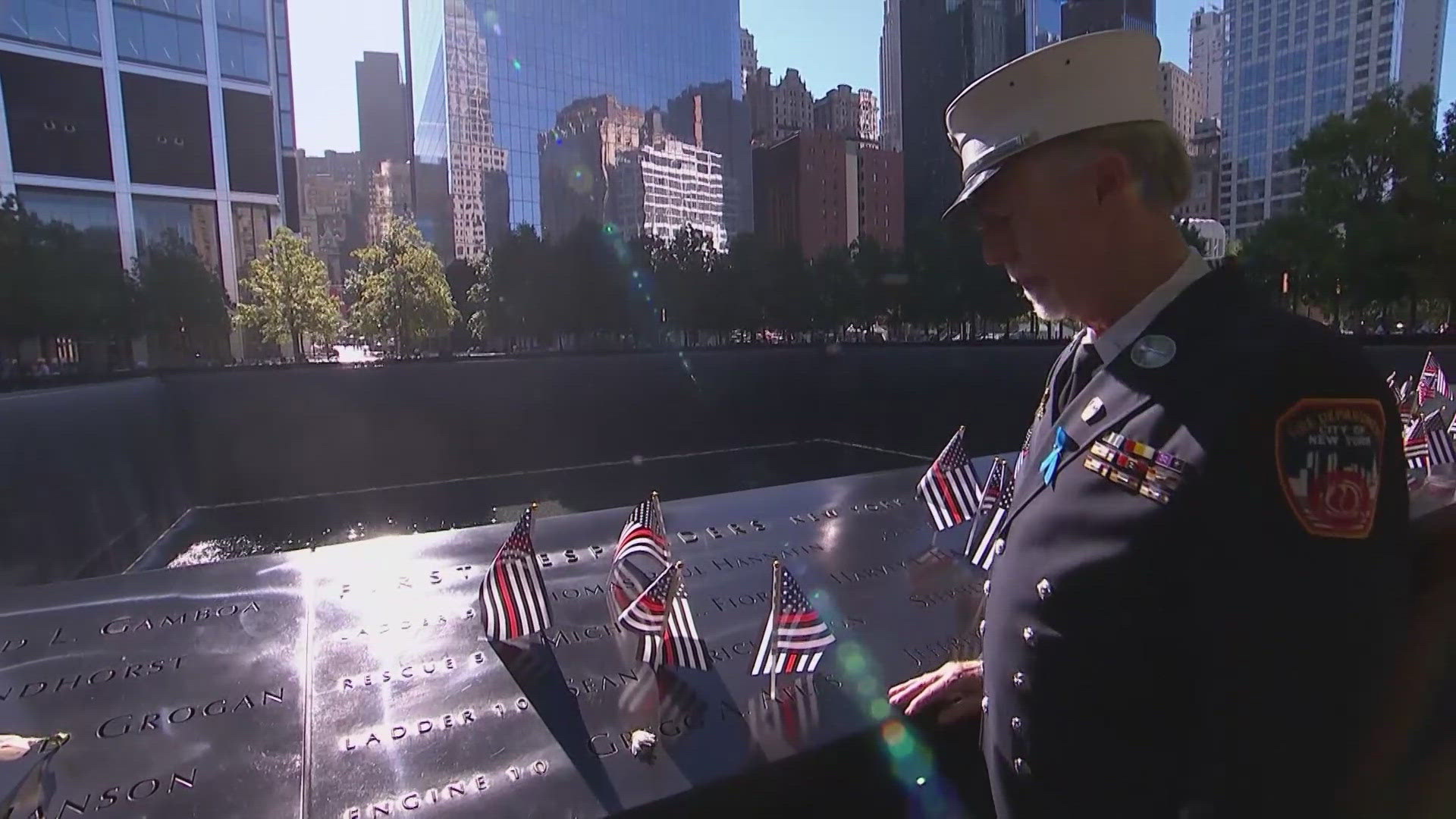 Bells tolled in Manhattan, marking the exact moment 23 years ago when the first plane crashed into the World Trade Center.