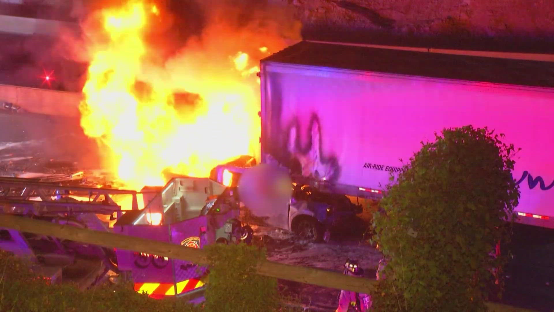 The driver of the 18-wheeler truck was able to disconnect his truck from the trailer when it caught fire.