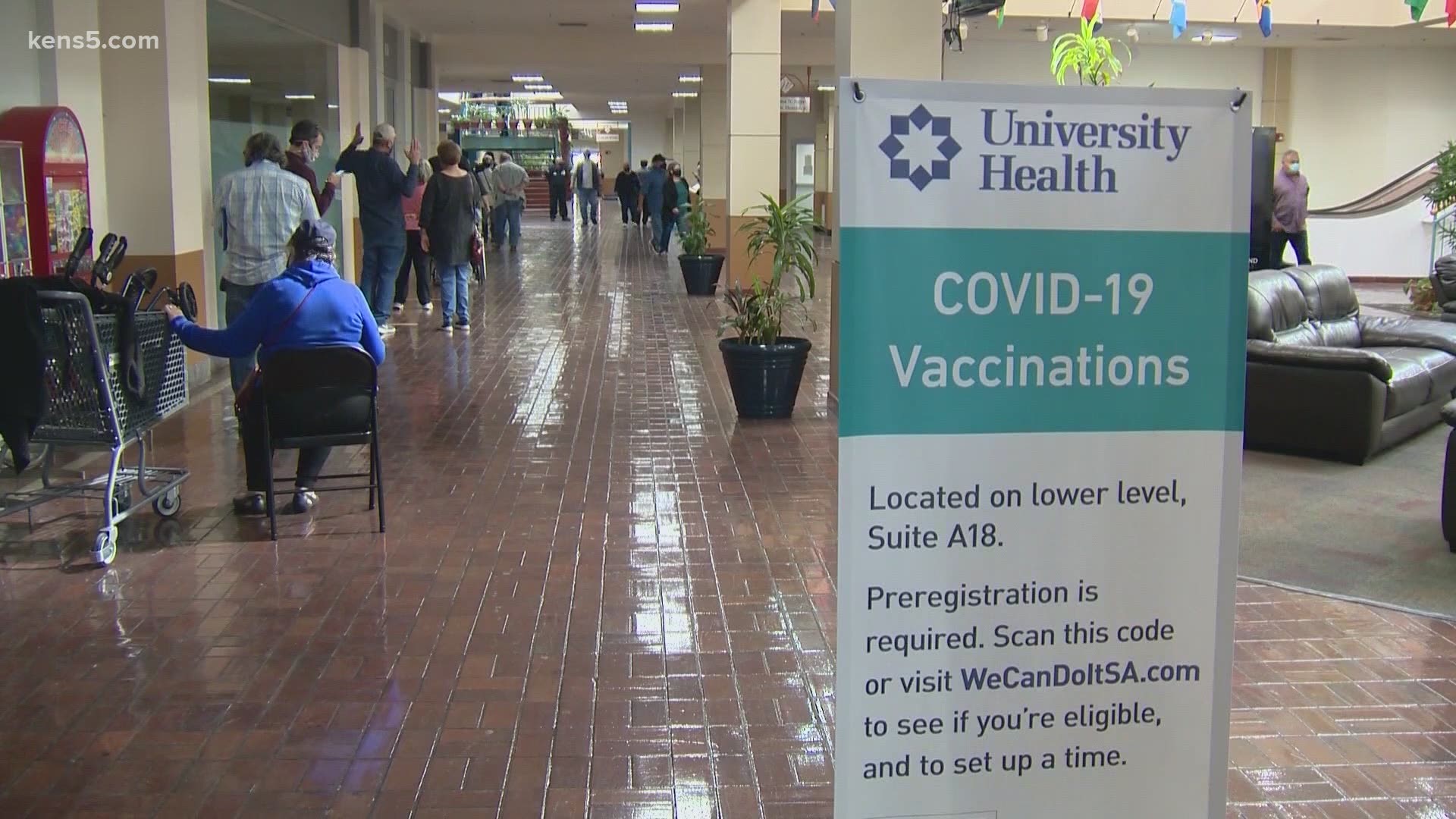 Several hundred San Antonians were vaccinated at day 1 of University Health's clinic, held at a mall on Monday.