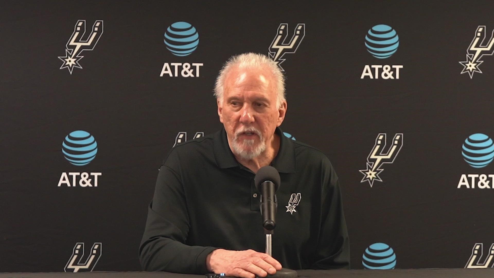 Pop said his team "woke up" at halftime, and complimented Zach Collins on the first double-double of his career.