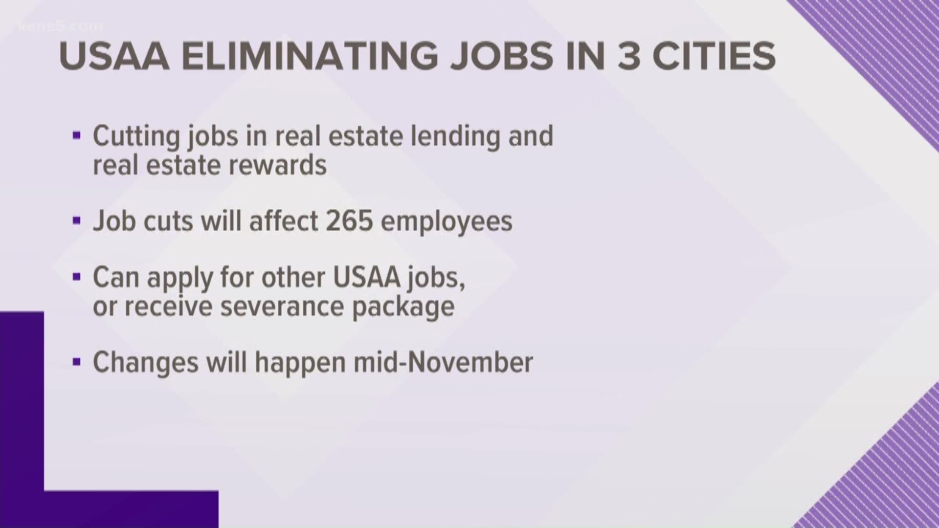 More than 250 employees of USAA in three cities will need to find new jobs.