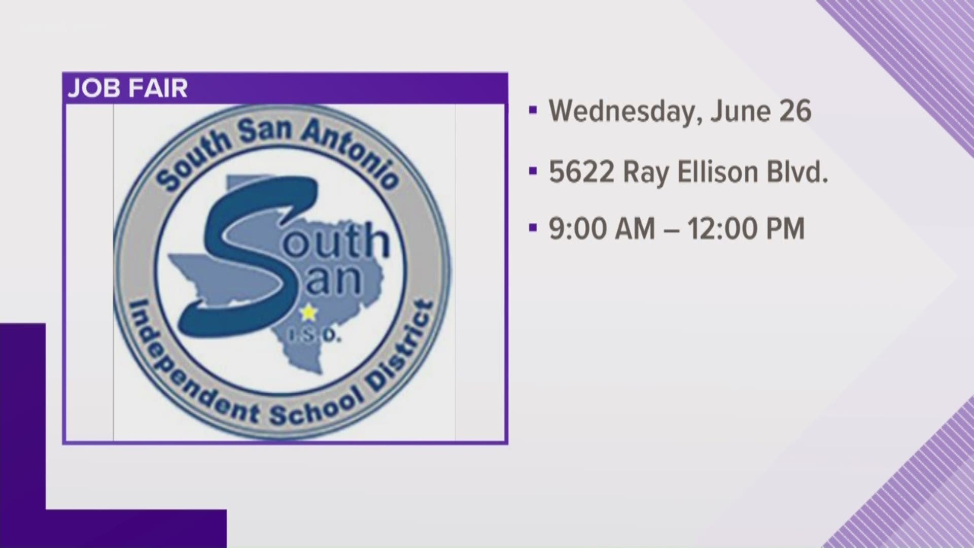South San ISD is holding an auxiliary job fair on Wednesday June 26 from 9 a.m. to 12 p.m.