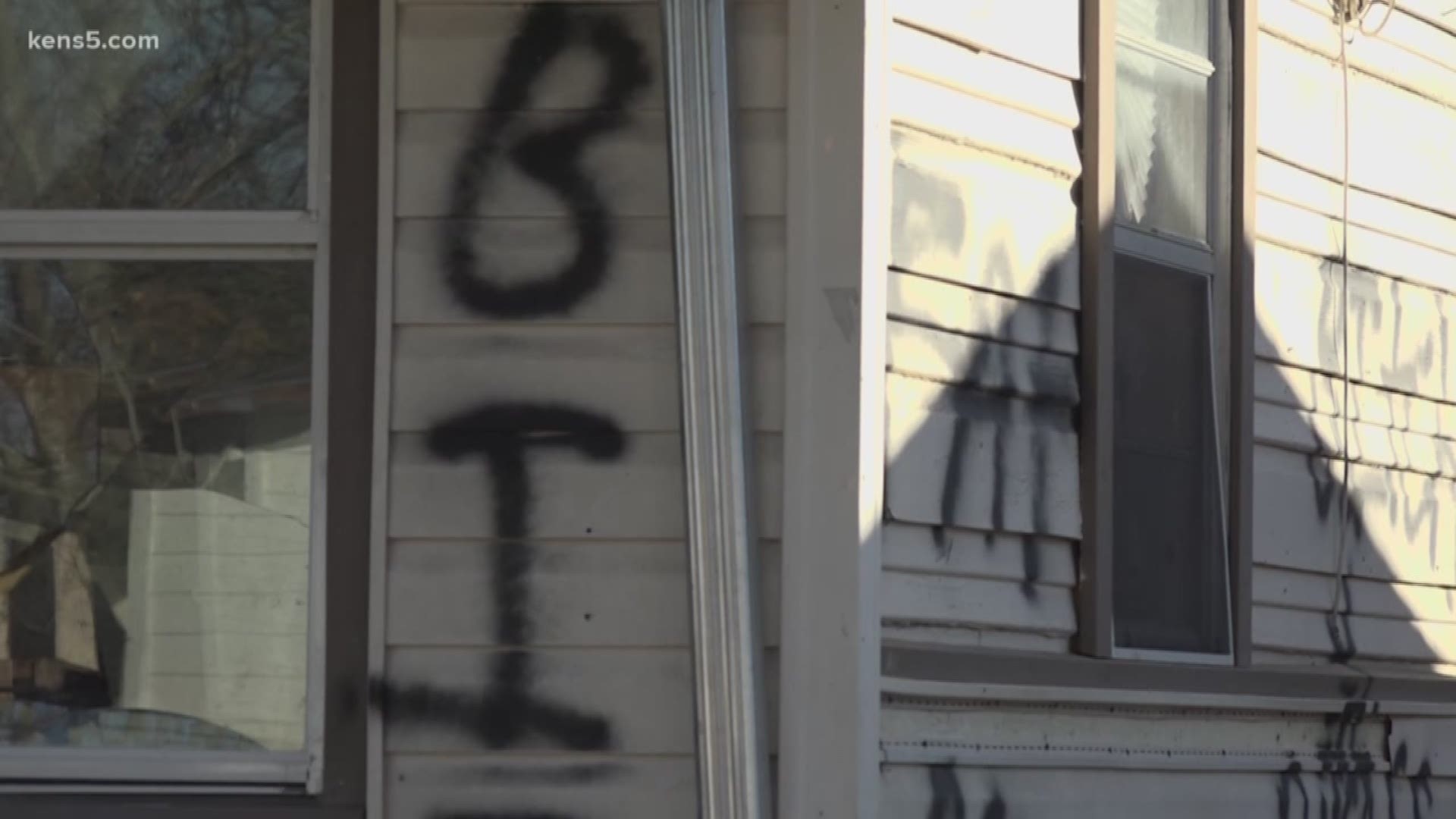Obscene symbols and hateful words fill the walls outside a San Antonio home. The messages are directed at the registered sex offender who lives in the house.