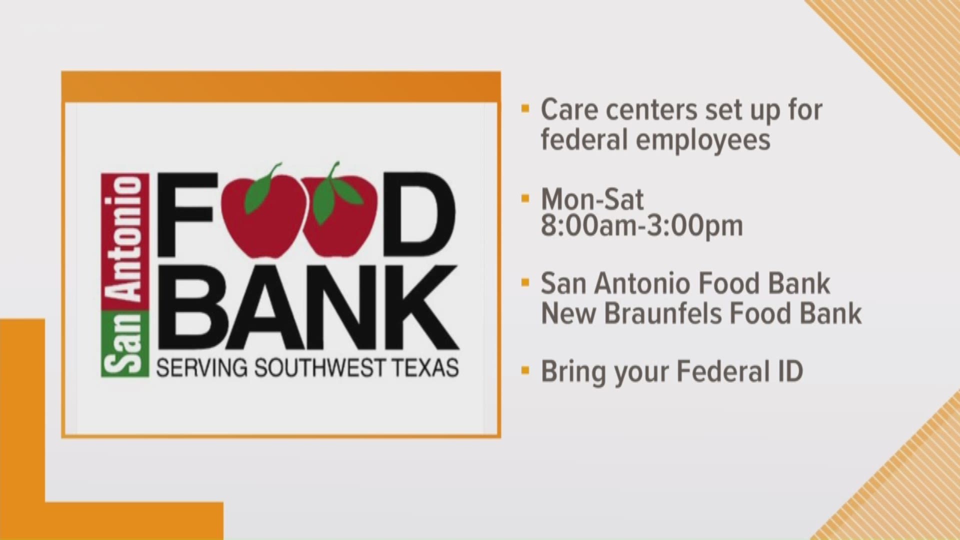 Care centers are set up at the facilities in San Antonio and New Braunfels food bank specifically for employees that are furloughed or working without pay. The care packages of food are available Monday through Saturday from 8:00 a.m. until 3:00 p.m.