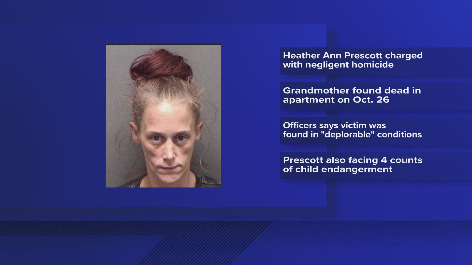 Heather Ann Prescott was arrested after authorities found her 96-year-old grandmother with serious injuries in a filthy apartment, according to an arrest warrant.