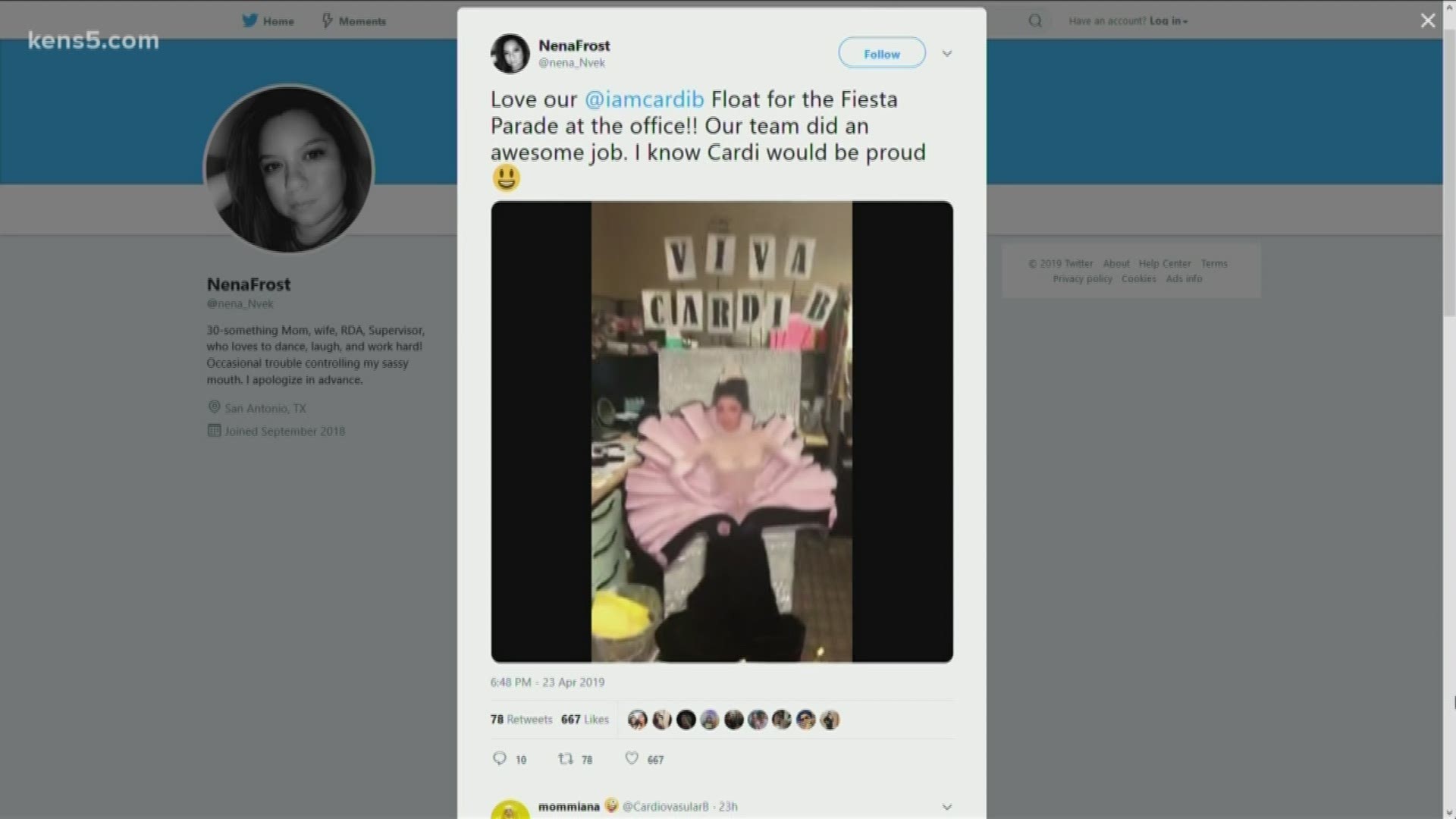 The female rapper found a Fiesta float bearing her likeness on social media.