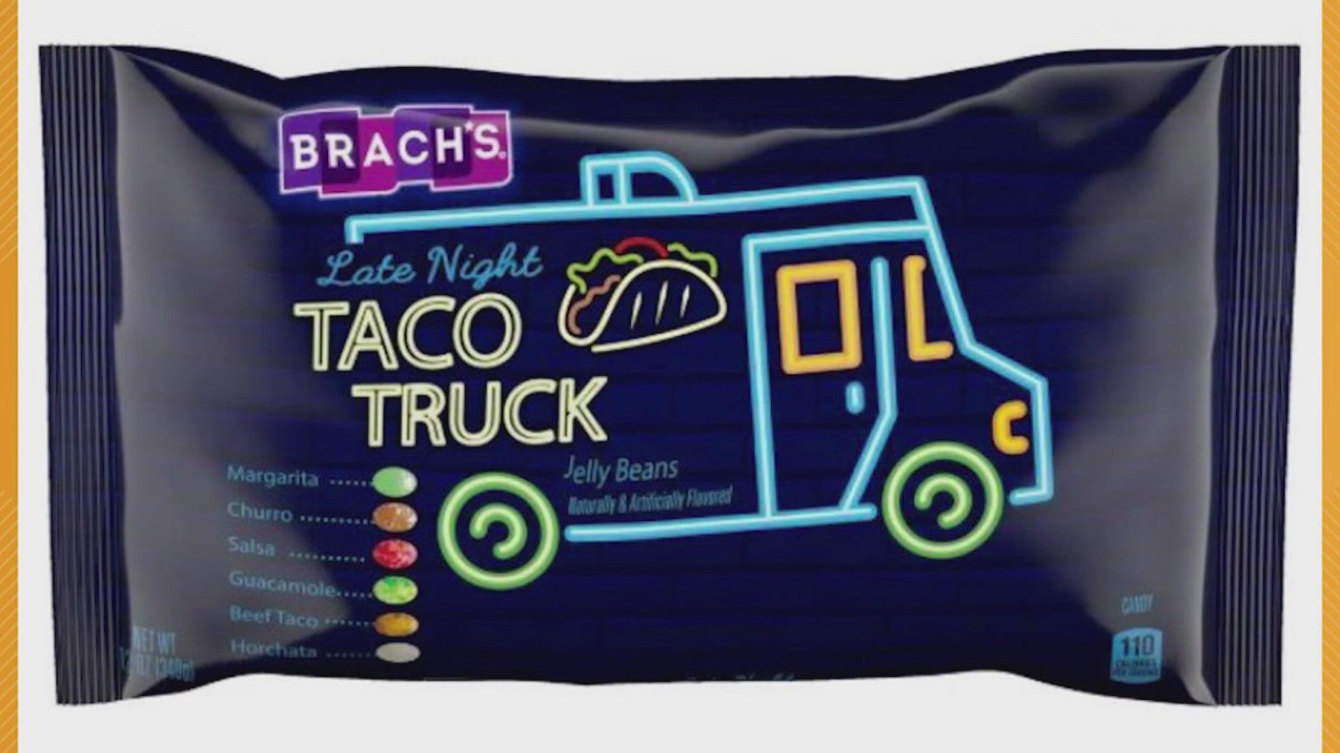Brach's new taco truck flavored jelly beans come in fix flavors of green, brown, red and white.