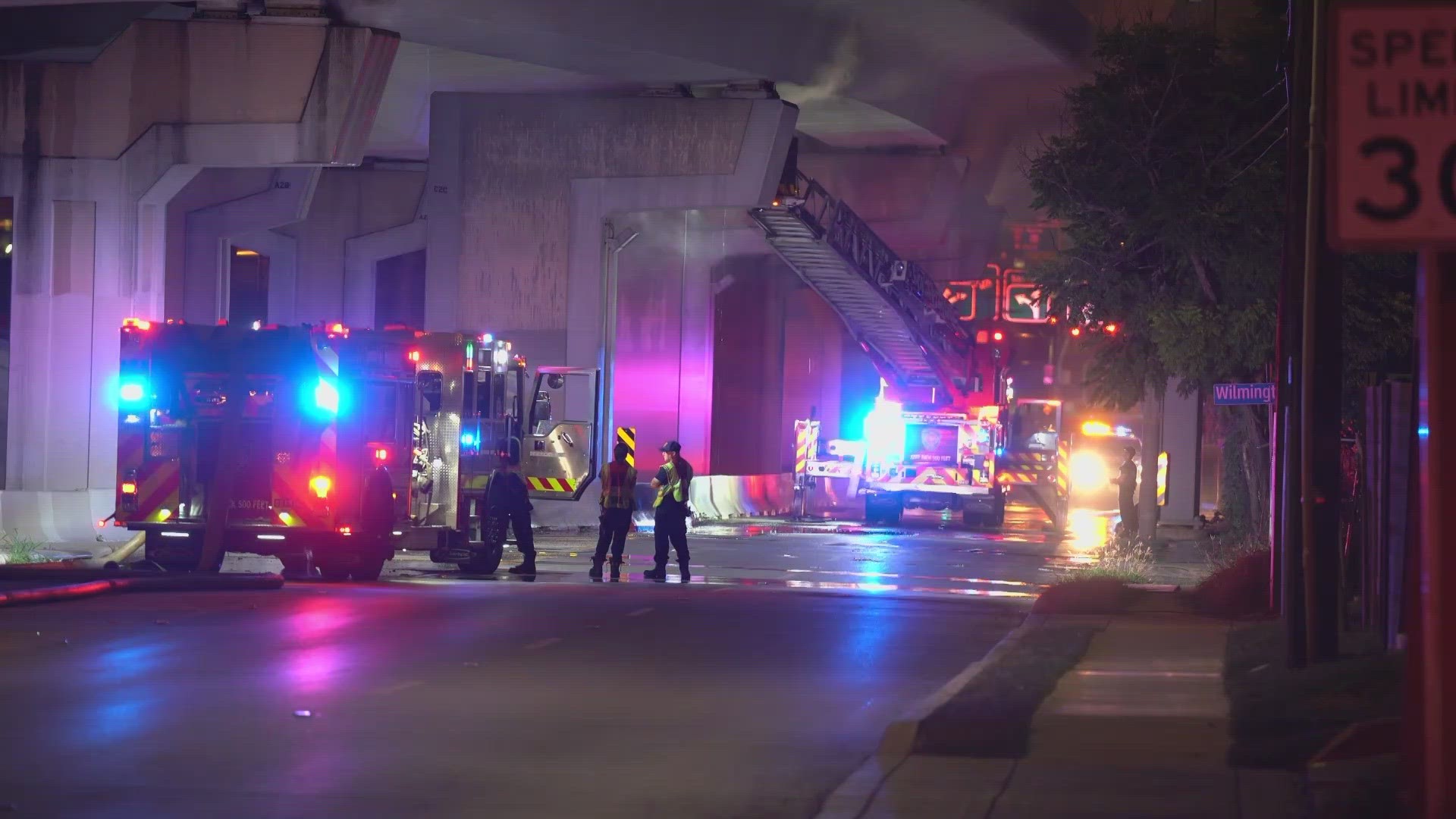 Firefighters responded just before 11 p.m. Sunday after smoke was spotted on the upper level of I-35 at Brooklyn Avenue.