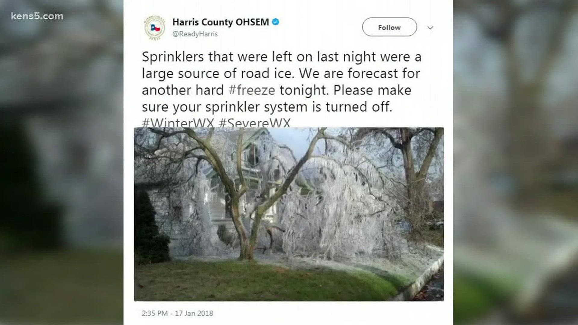 You could be surrounded by ice if you forget to turn your sprinklers off during a hard freeze.