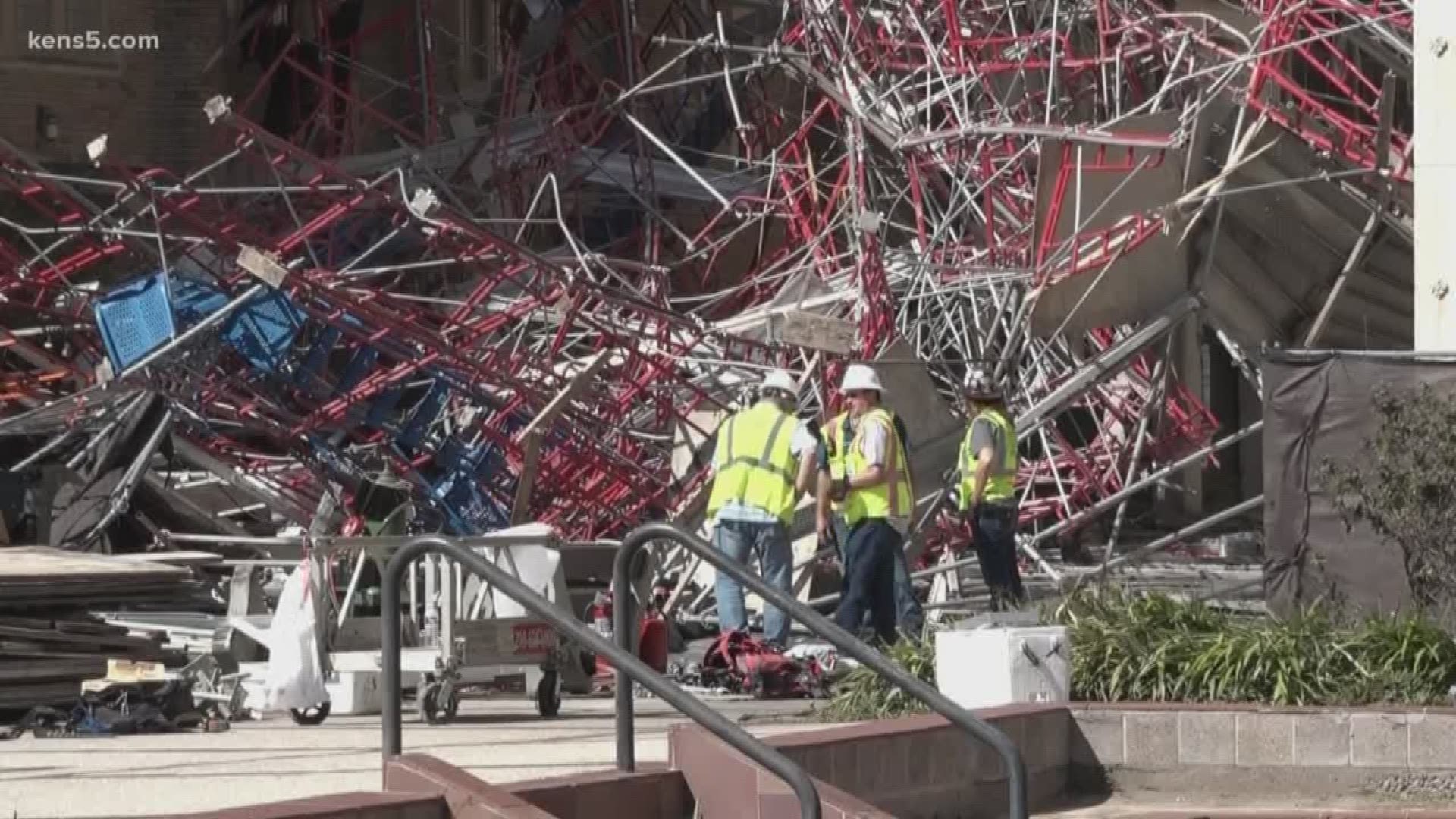 Strong winds knocked over 1 million pounds of scaffolding in downtown San Antonio The massive collapse damaged a church and injured a family of three.