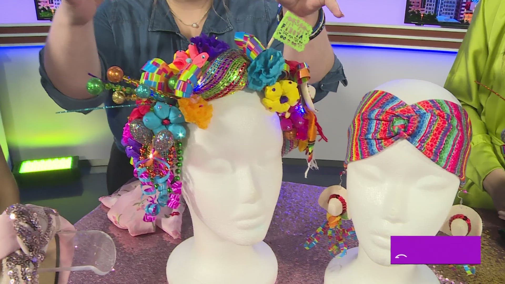 Caroline Lopez with Love You, Madly Boutique shares her Fiesta-themed hairbands with Roma.
