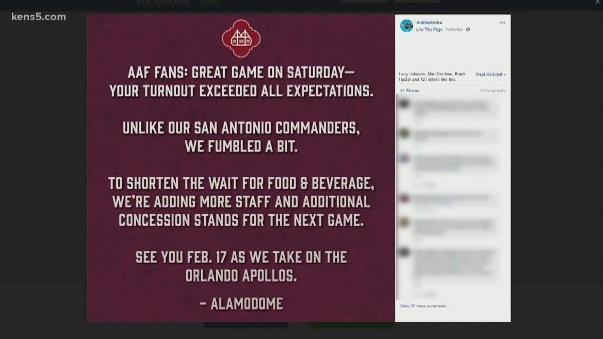 On Saturday, some fans had to miss big chunks of the game as they waited in line. Others just skipped eating and drinking altogether to avoid the wait. The Commanders play inside the Alamodome again this Sunday.