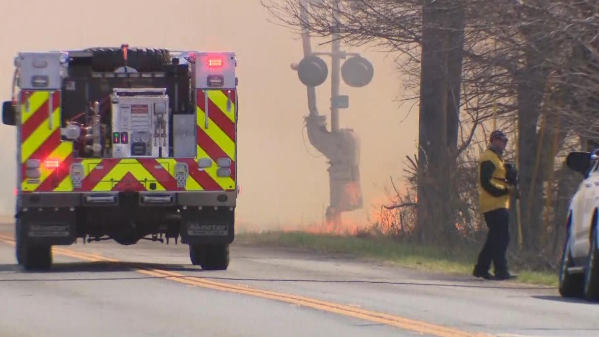 Fire crews responded to a fire burning near I-37 and Southton Road on San Antonio's far south side on Tuesday, March 4, 2025.