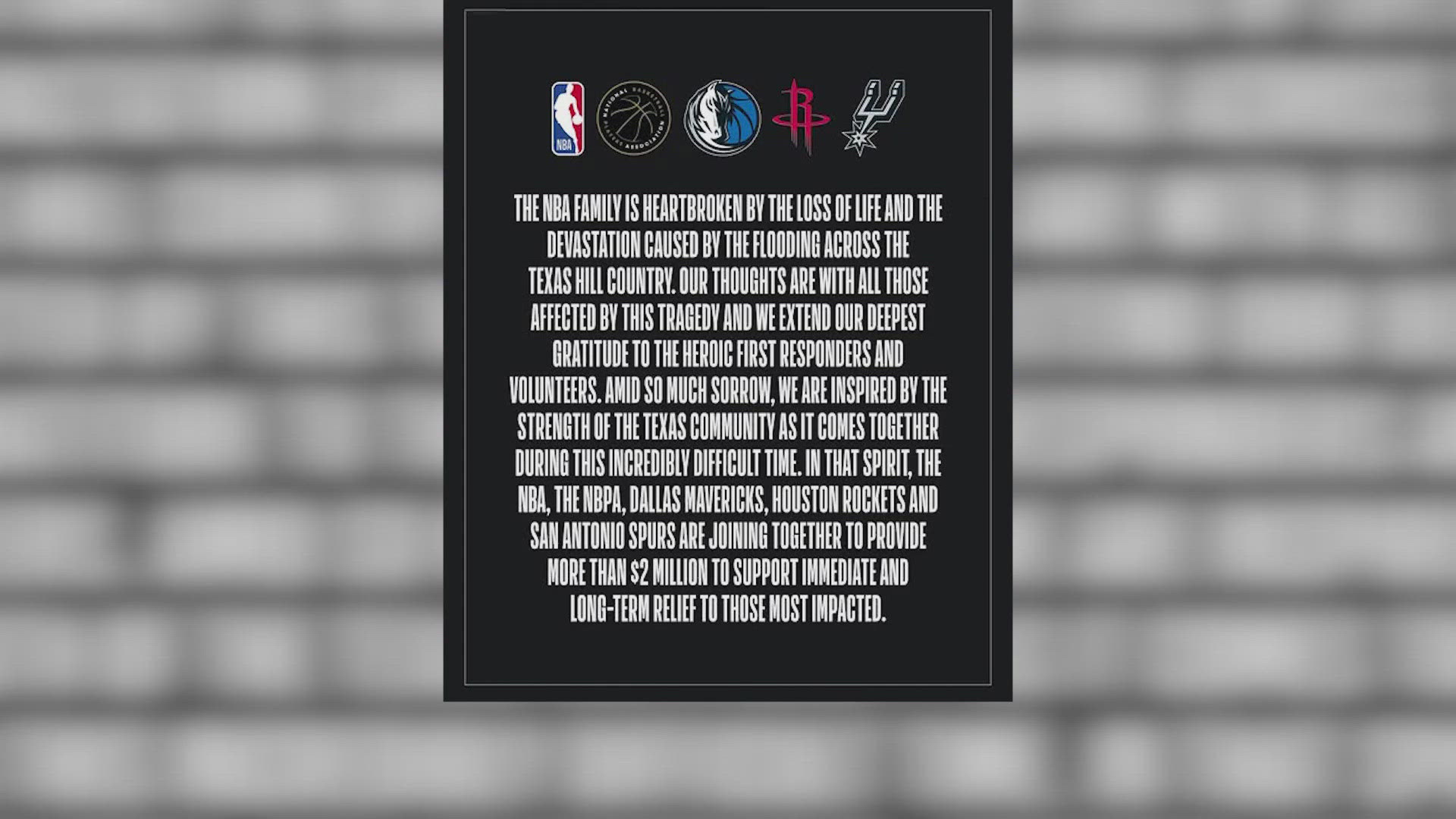 The NBA, the San Antonio Spurs, Dallas Mavericks and Houston Rockets are teaming up in flood relief efforts in Texas.
