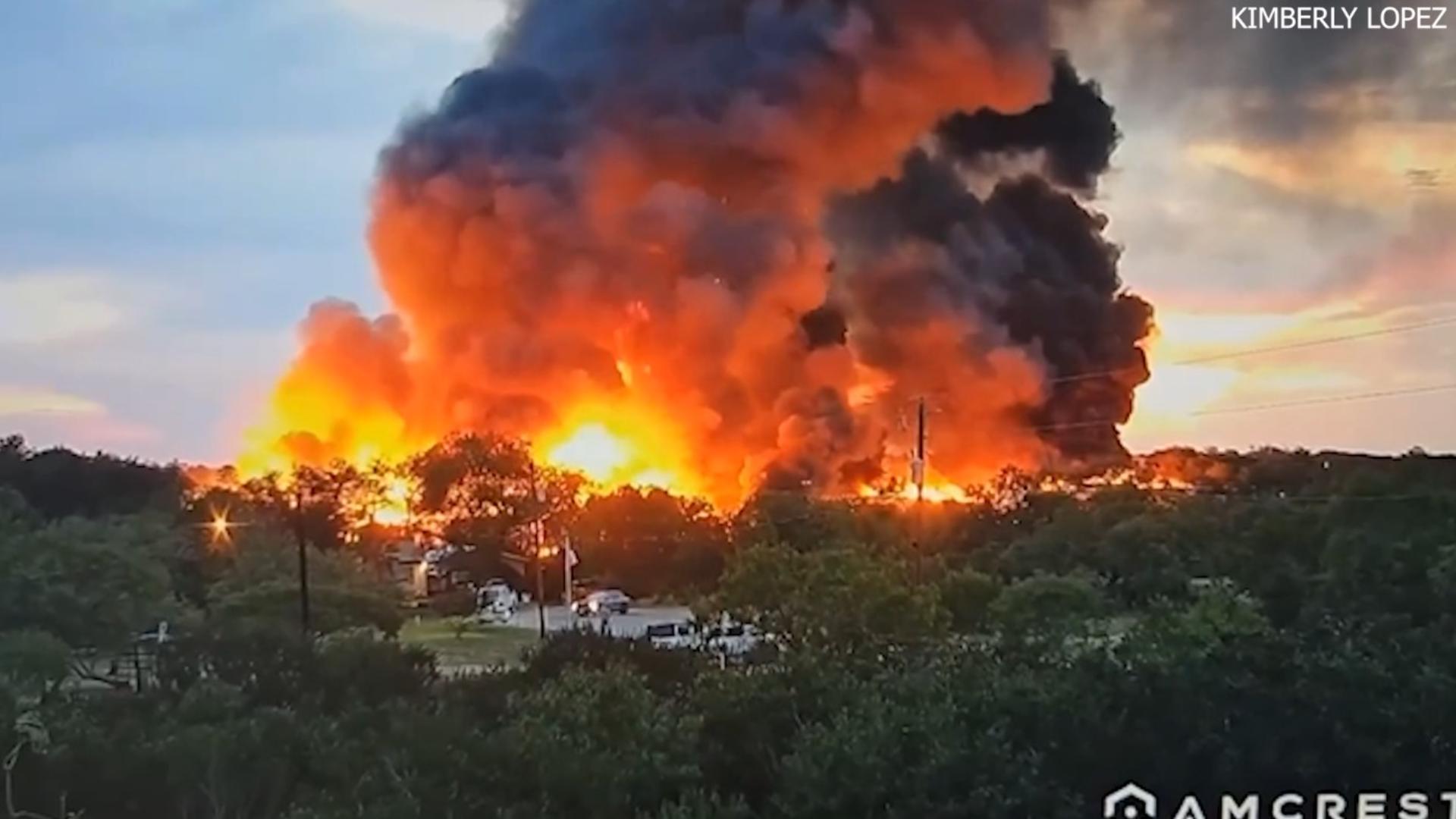 No injuries were reported when a wood products production company went up in flames in Pleasanton, just south of San Antonio.