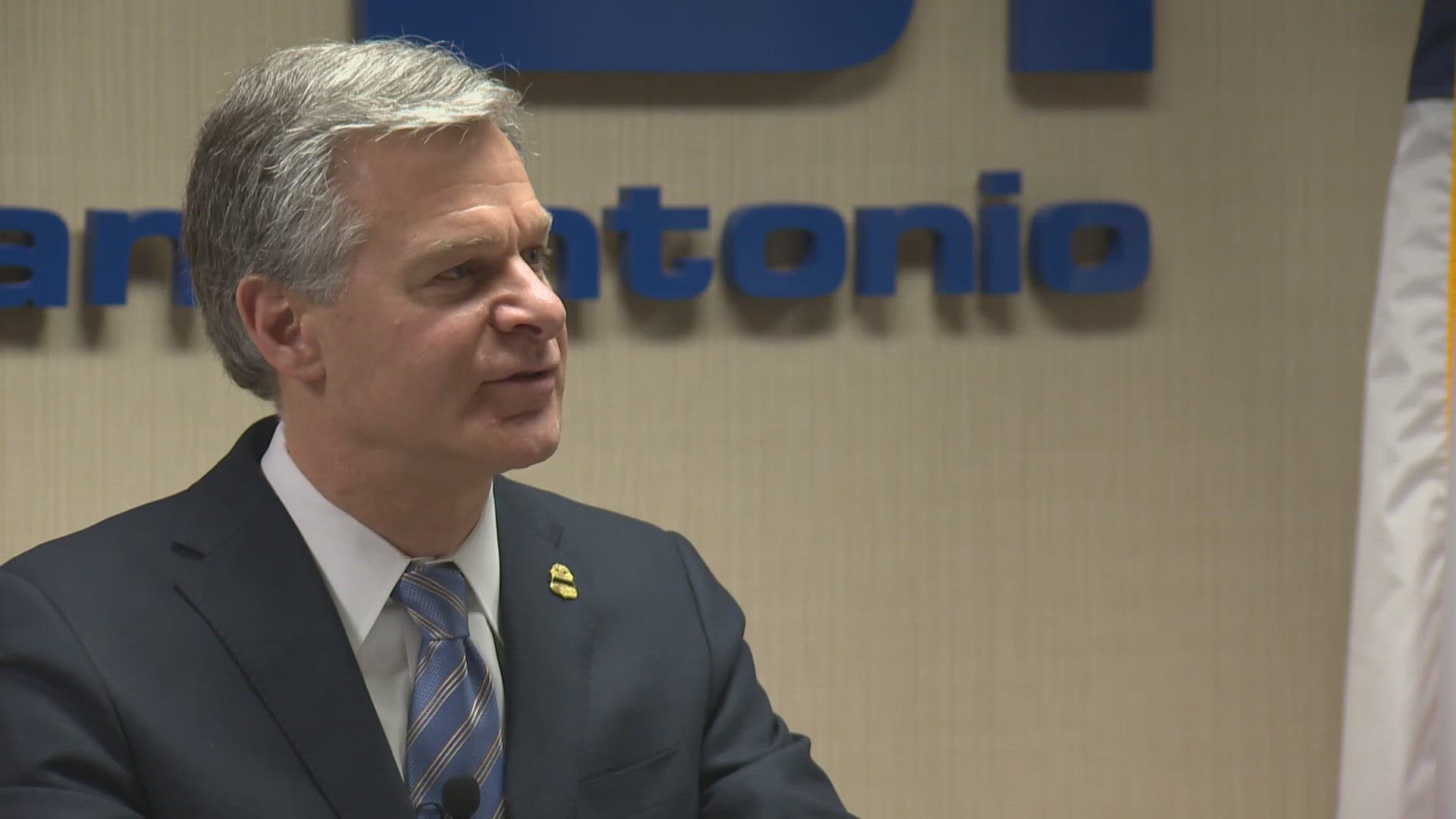 FBI Christopher Wray talked about violent offenders and seizing guns but would not speak about his agent's presence at U.S. Henry Cuellar's properties.