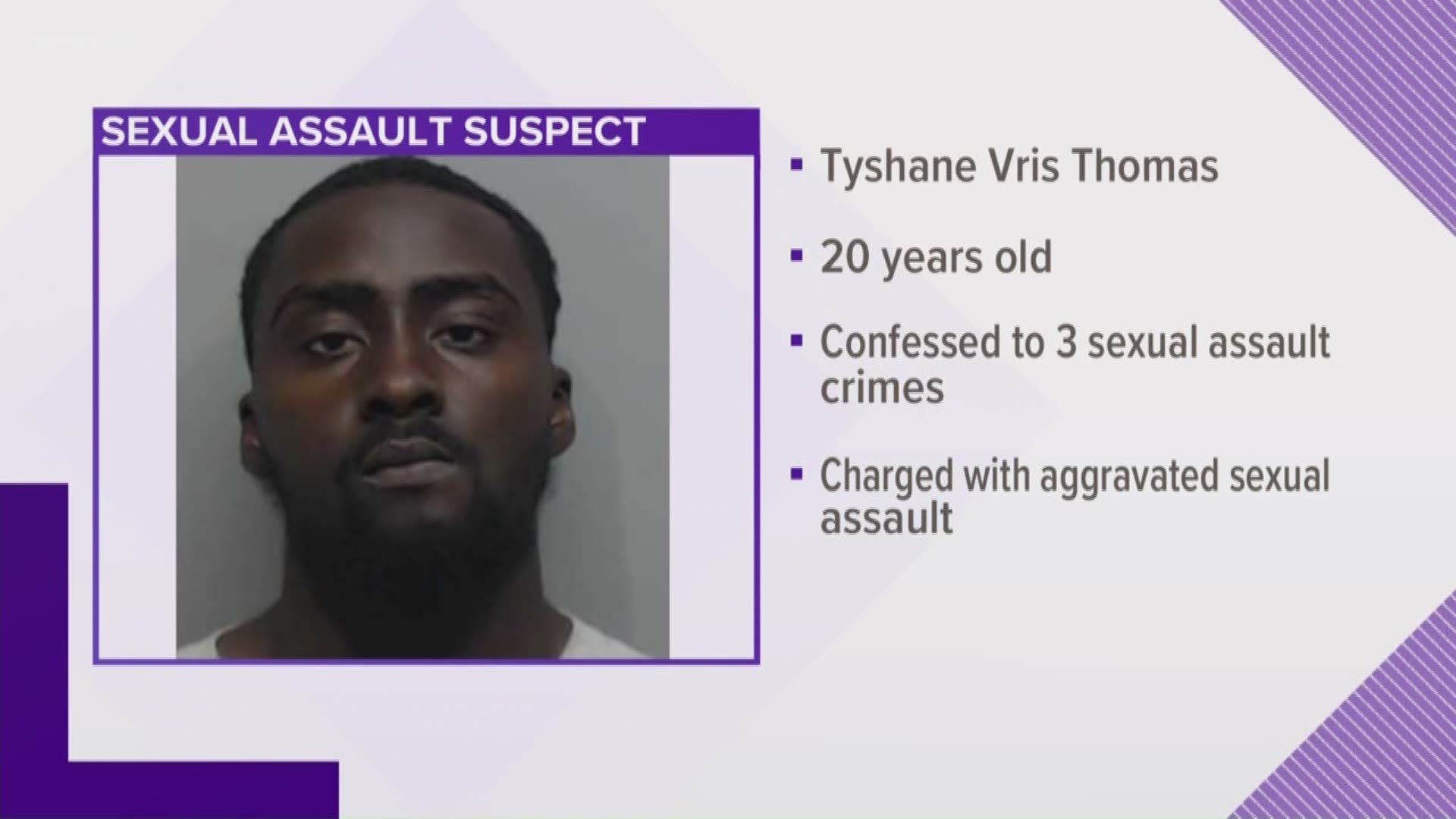 20-year-old Tyshane Vris Thomas was taken into custody Tuesday and charged with Aggravated Sexual Assault.