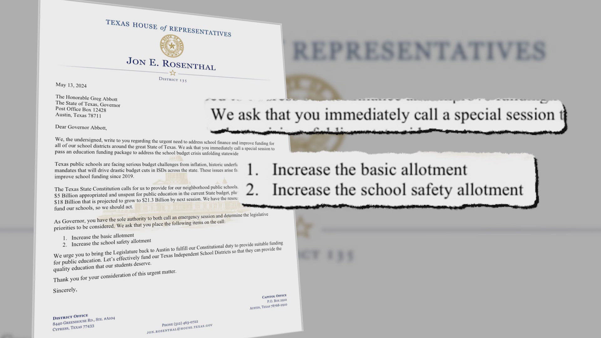 In a letter to Governor Abbott, Democratic representative Jon Rosenthal said the state is in desperate need of an increase in school funding.