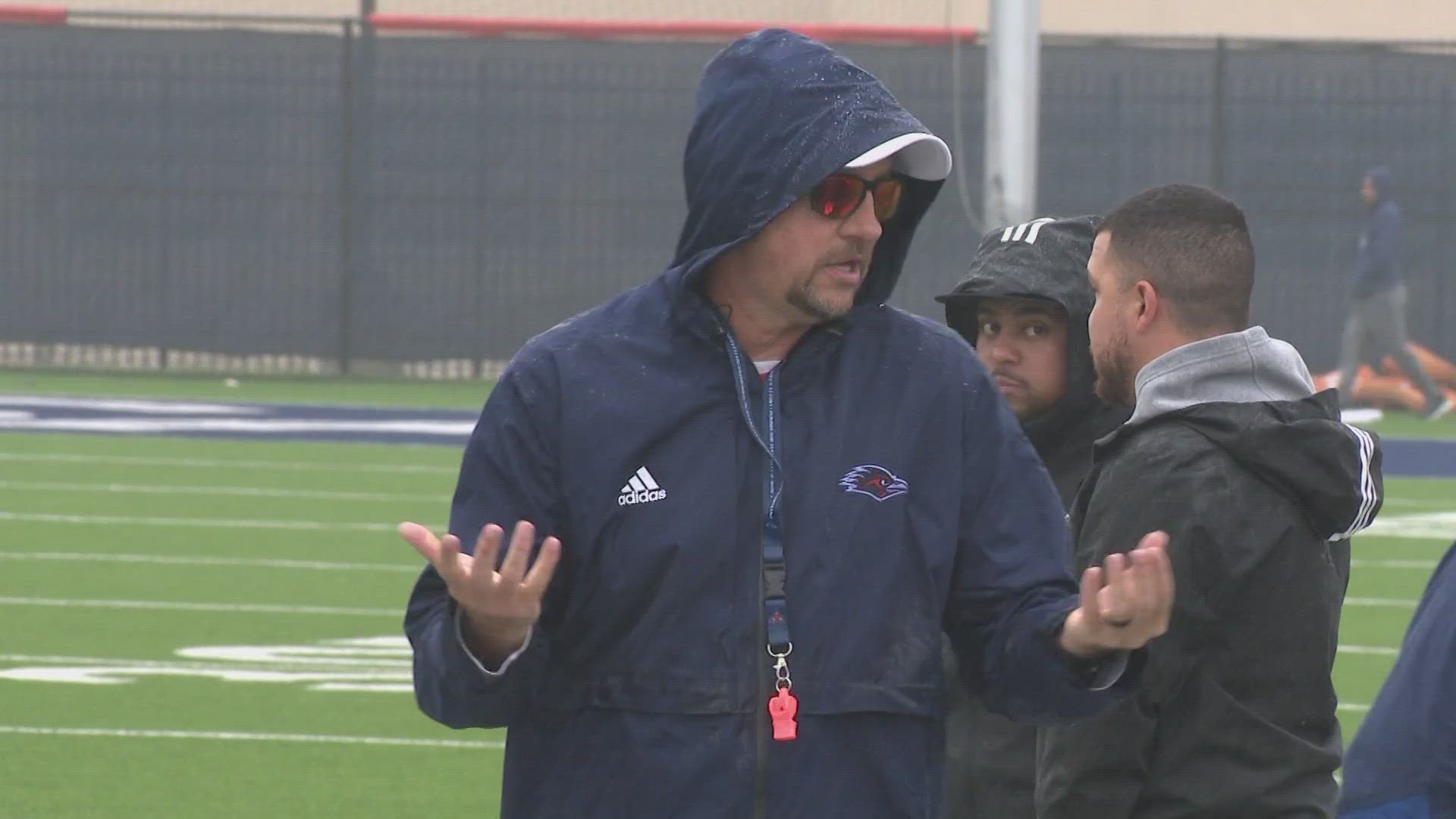 It was a rainy spring practice for the Roadrunners on Tuesday, and Traylor was candid about the need for an indoor facility.