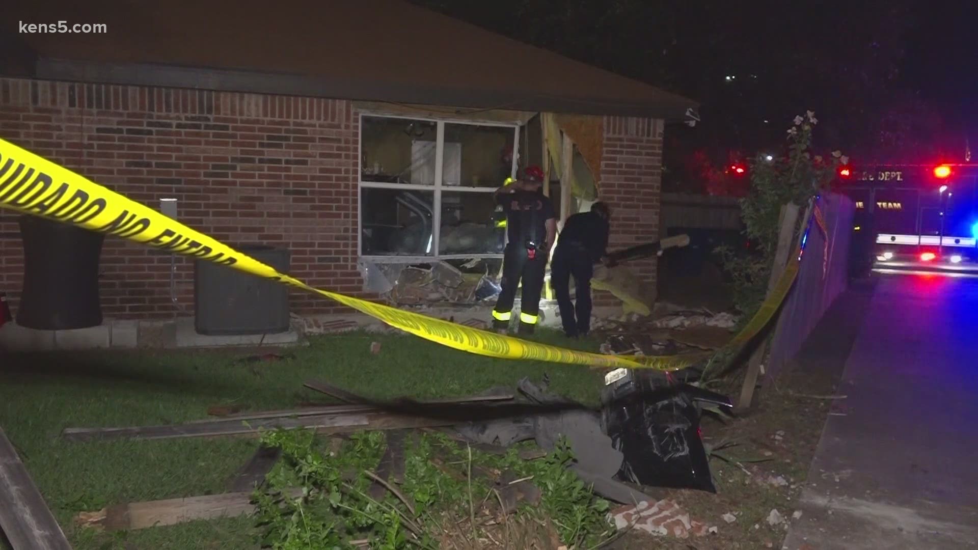 No one was hurt at the home near Culebra Road and Grissom Road, but police found a chunk of evidence from the vehicle that got away.