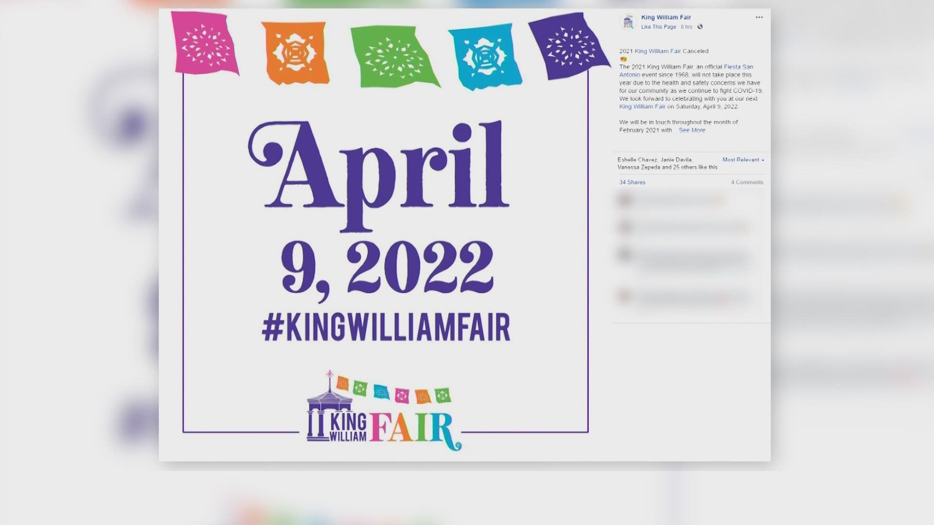 The 2021 King William Fair has been canceled, according to the page's Facebook post. The announcement comes after Fiesta was postponed from spring until summer.