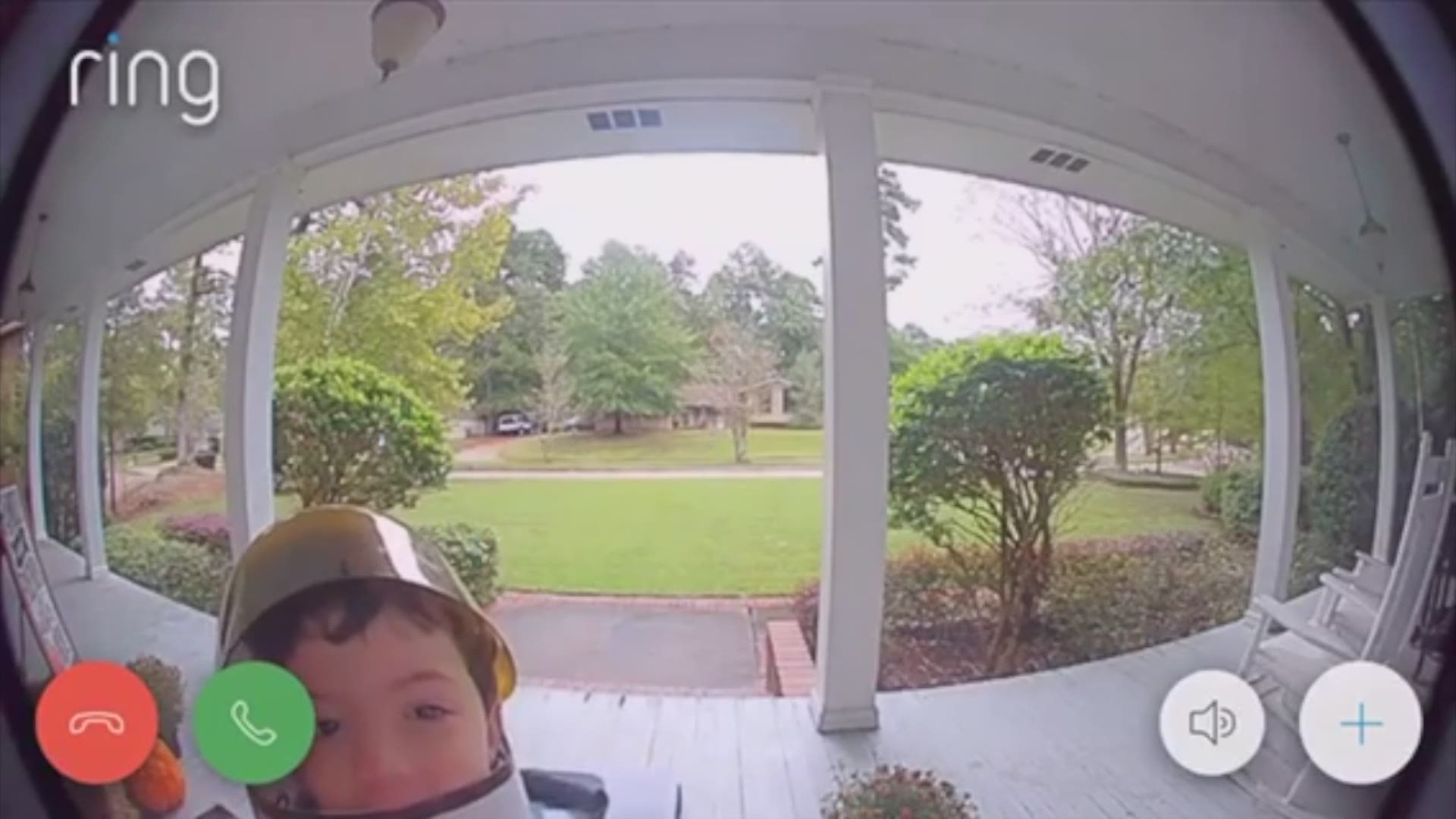 Ring video doorbell captures a cute costumed tike visiting his neighbor before heading to the final frontier.