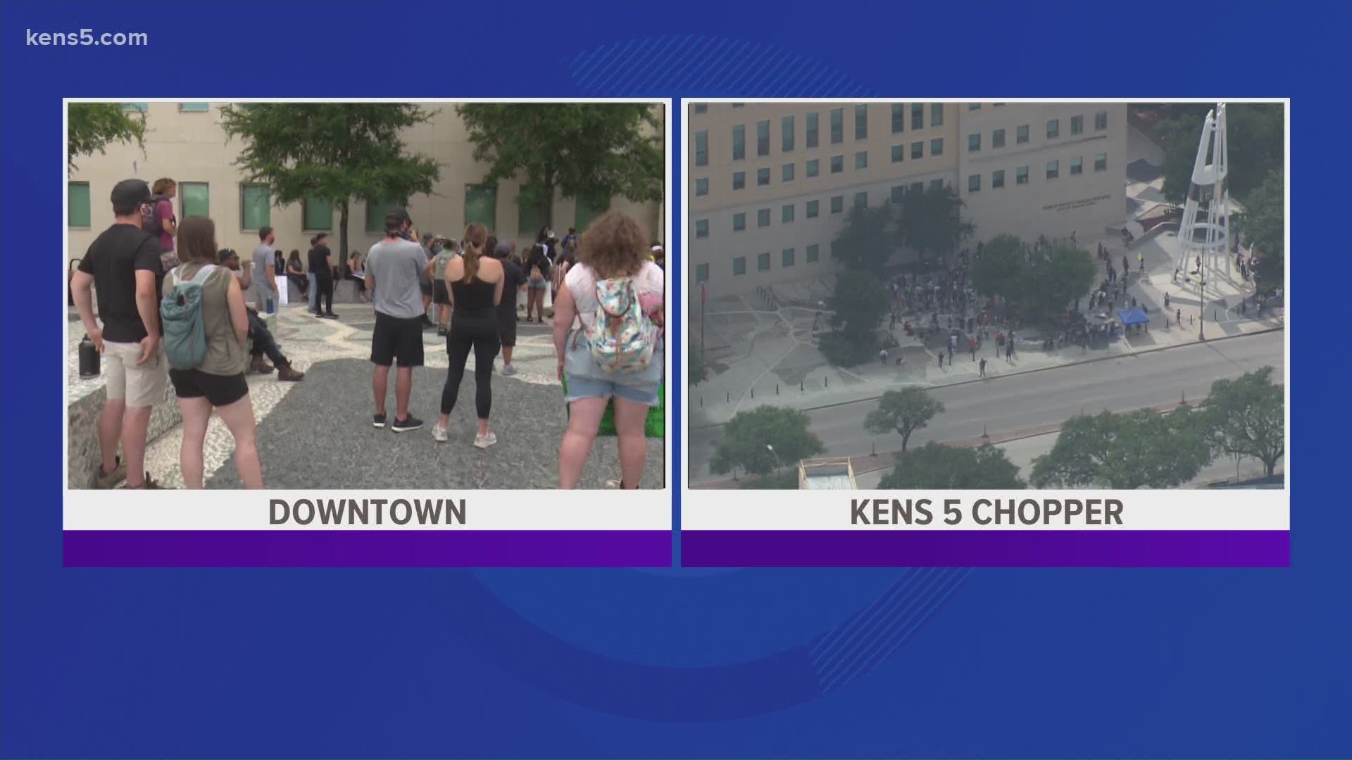 KENS 5 is covering the demonstrations with reporters on the ground and Chopper 5. This is the scene as of 4 p.m., follow a live feed on our Facebook page.
