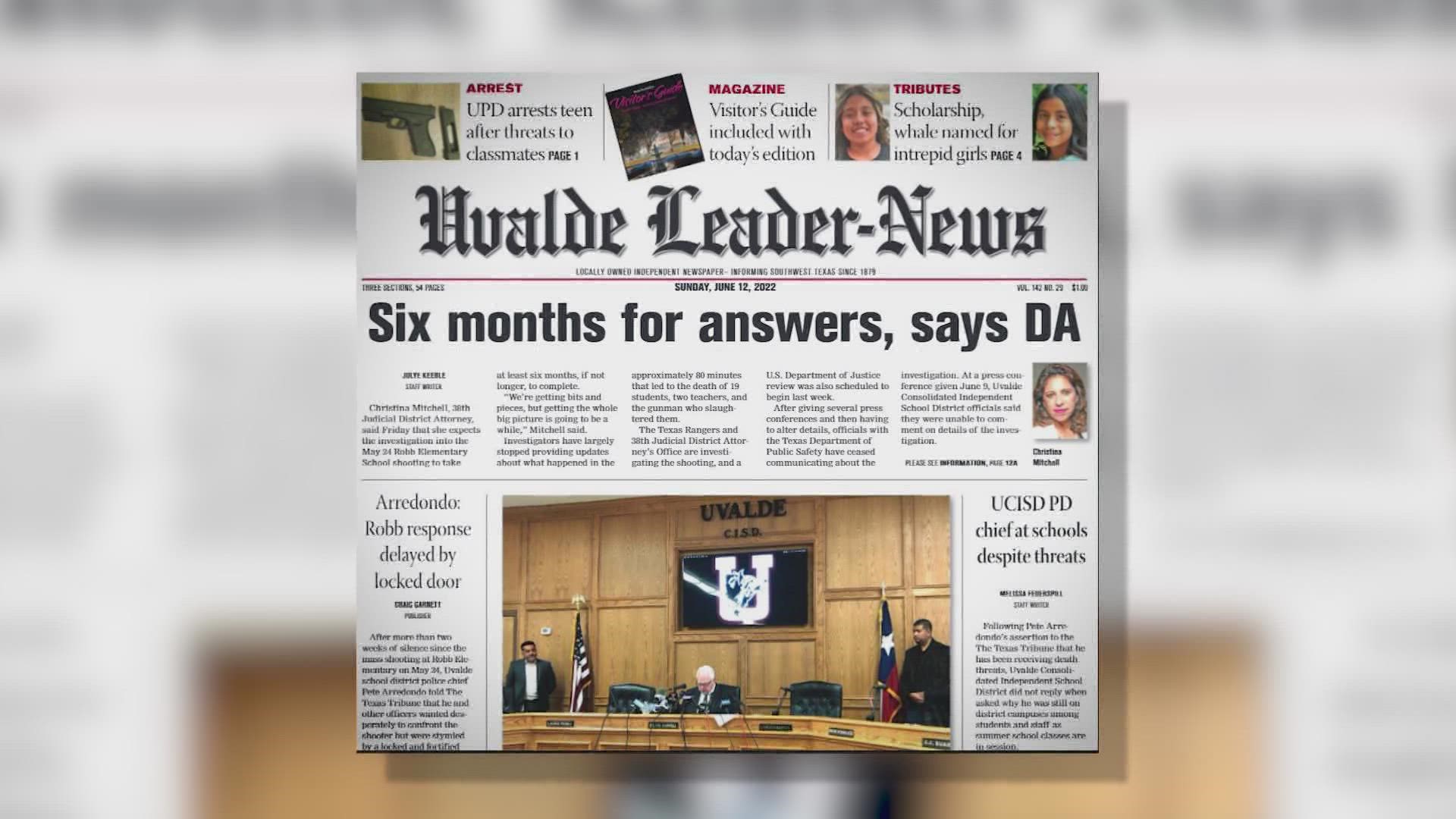 He referenced this front page of Sunday's Uvalde Leader News and criticized comments made by the Uvalde district attorney Christina Mitchell.