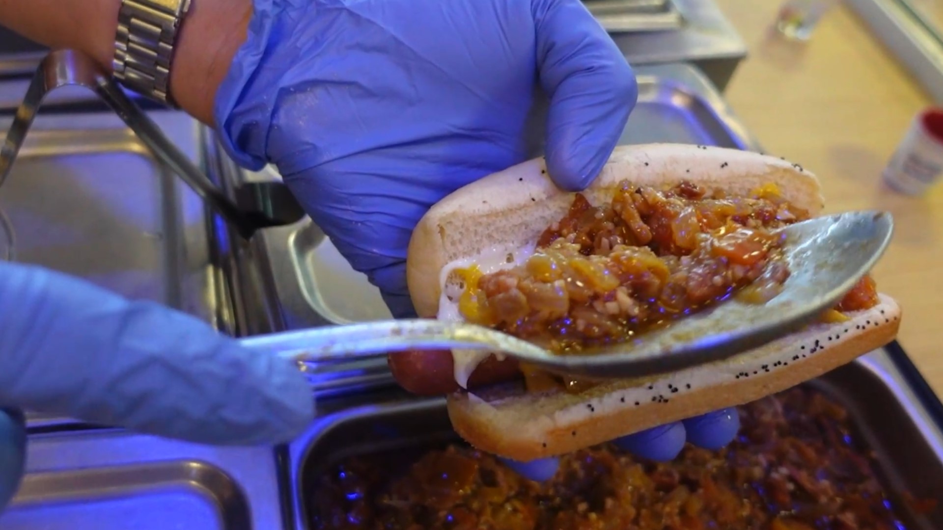 Inside Chicago Hot Dogs for signature dogs in San Antonio store