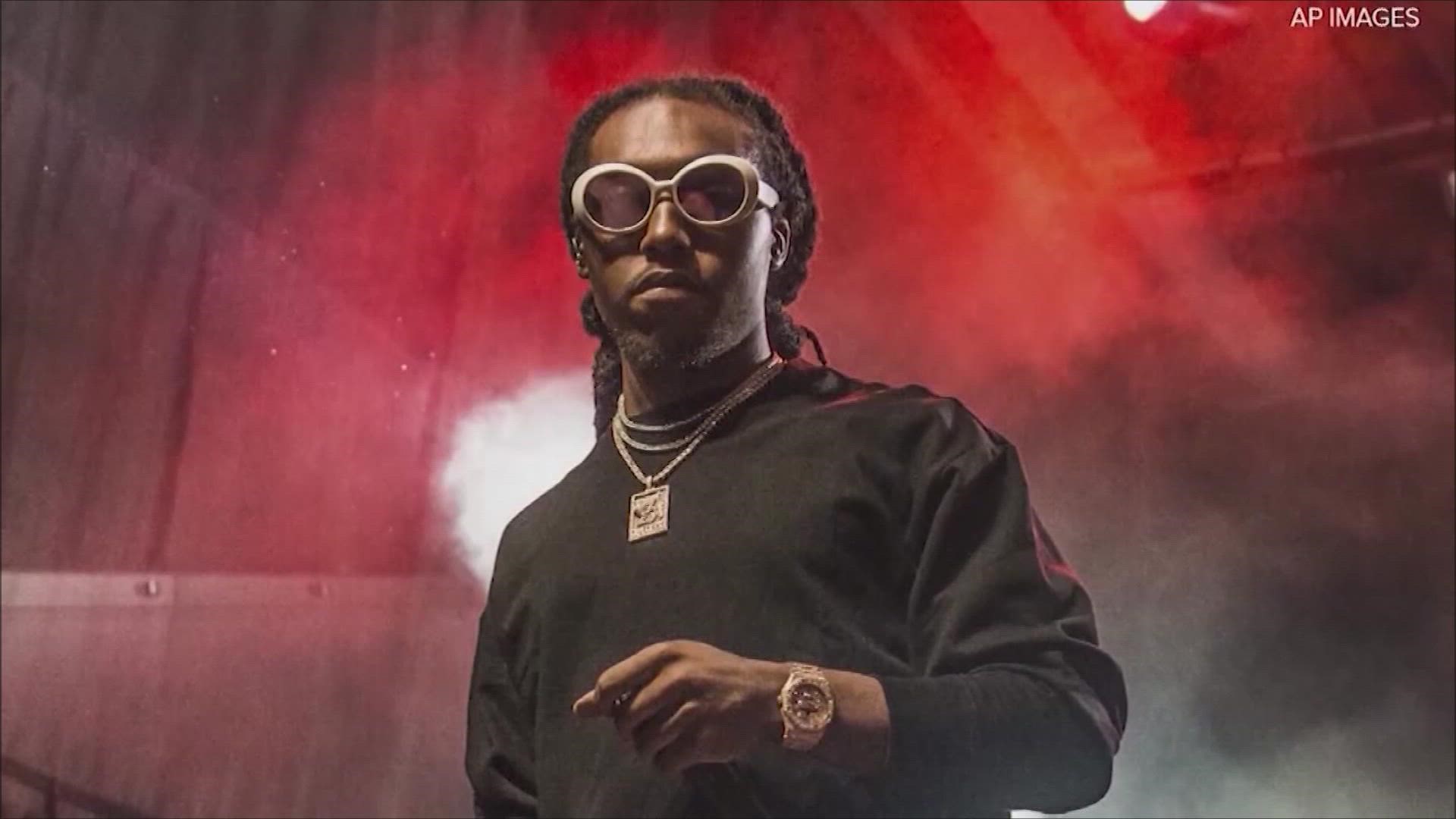 Police said the Migos rapper was an innocent bystander when he was shot outside of a Houston bowling alley. Patrick Xavier Clark was the second person arrested.
