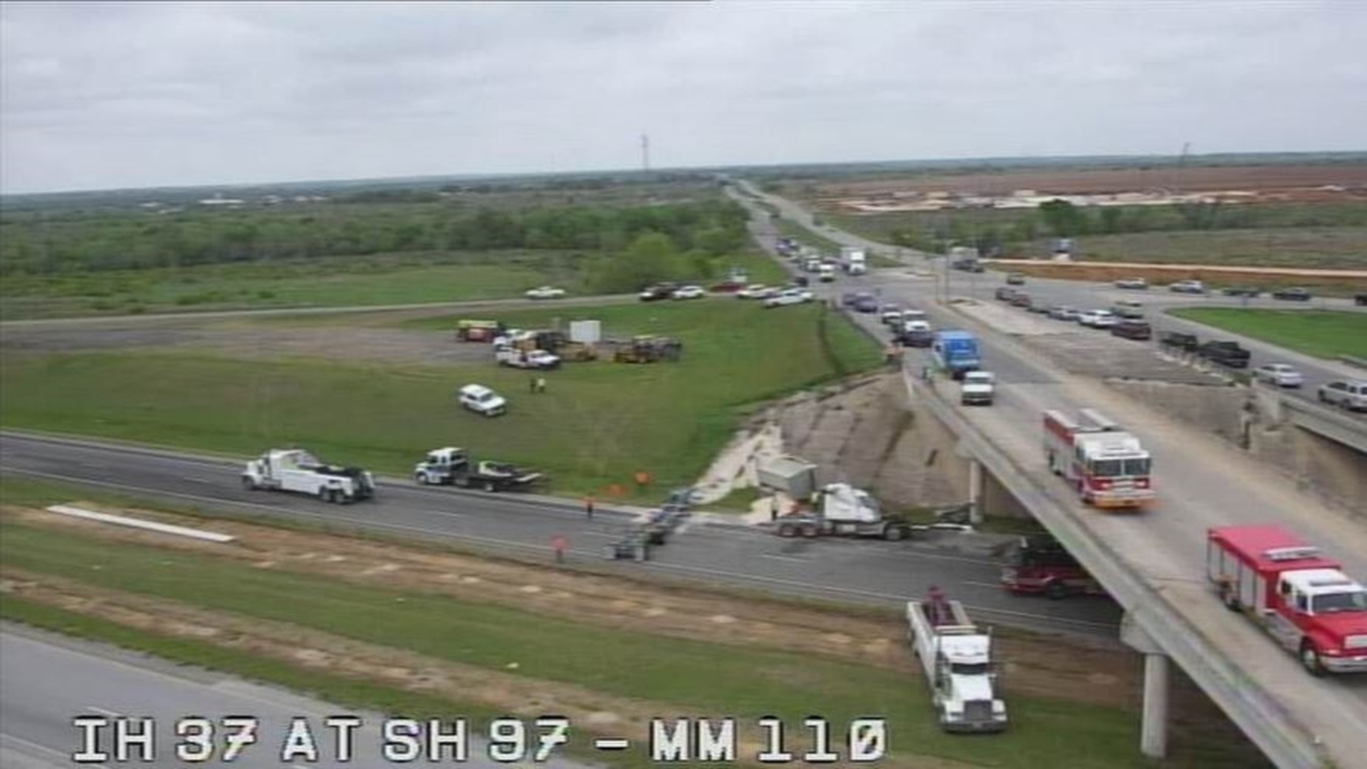 The southbound lanes of I-37 closed at Highway 97 due to the accident Wednesday. Officials say the closure could last until 5 p.m.