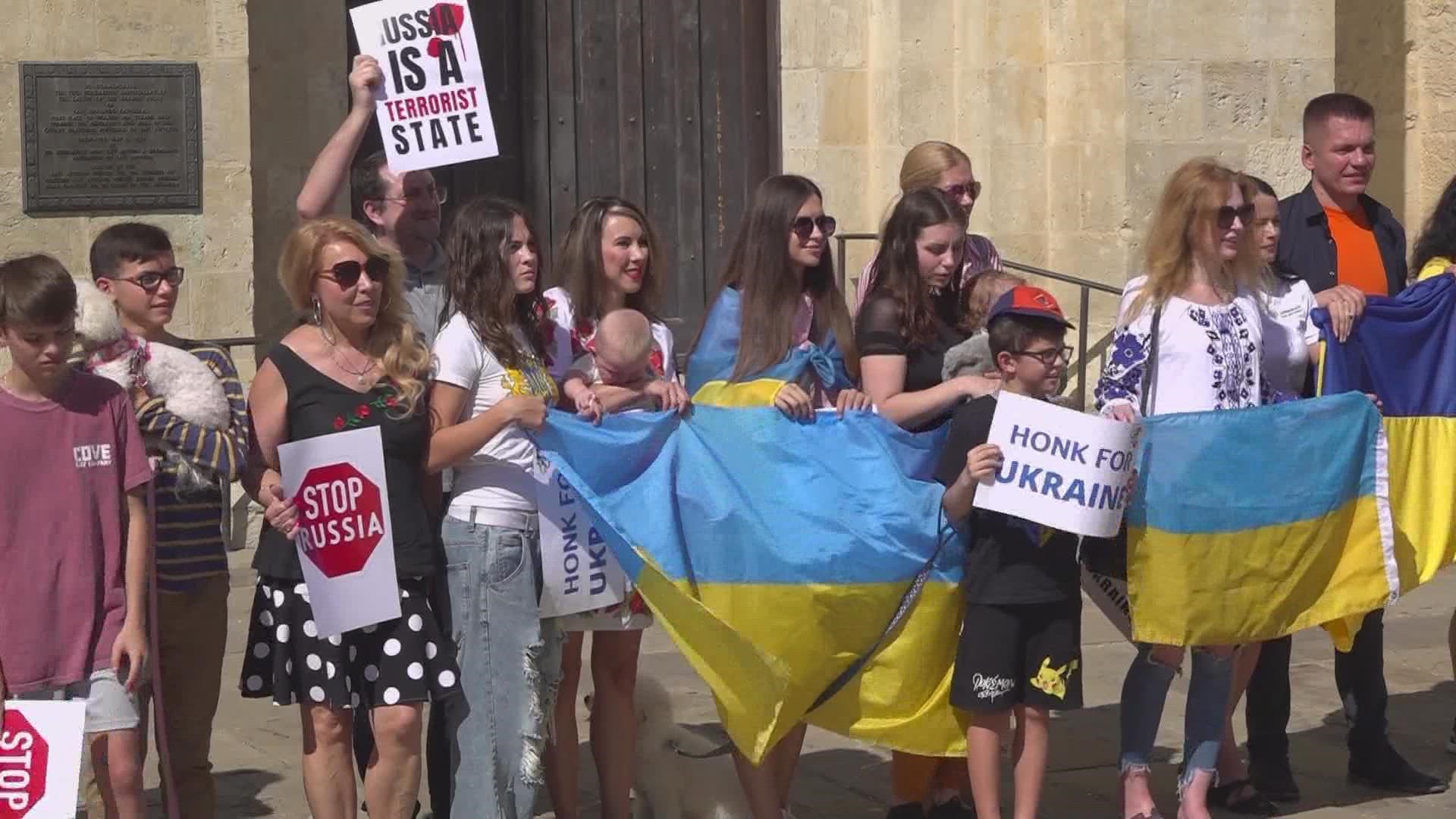 Ukrainian San Antonio met in front of the San Fernando Cathedral Saturday for one of many planned rallies across the nation.