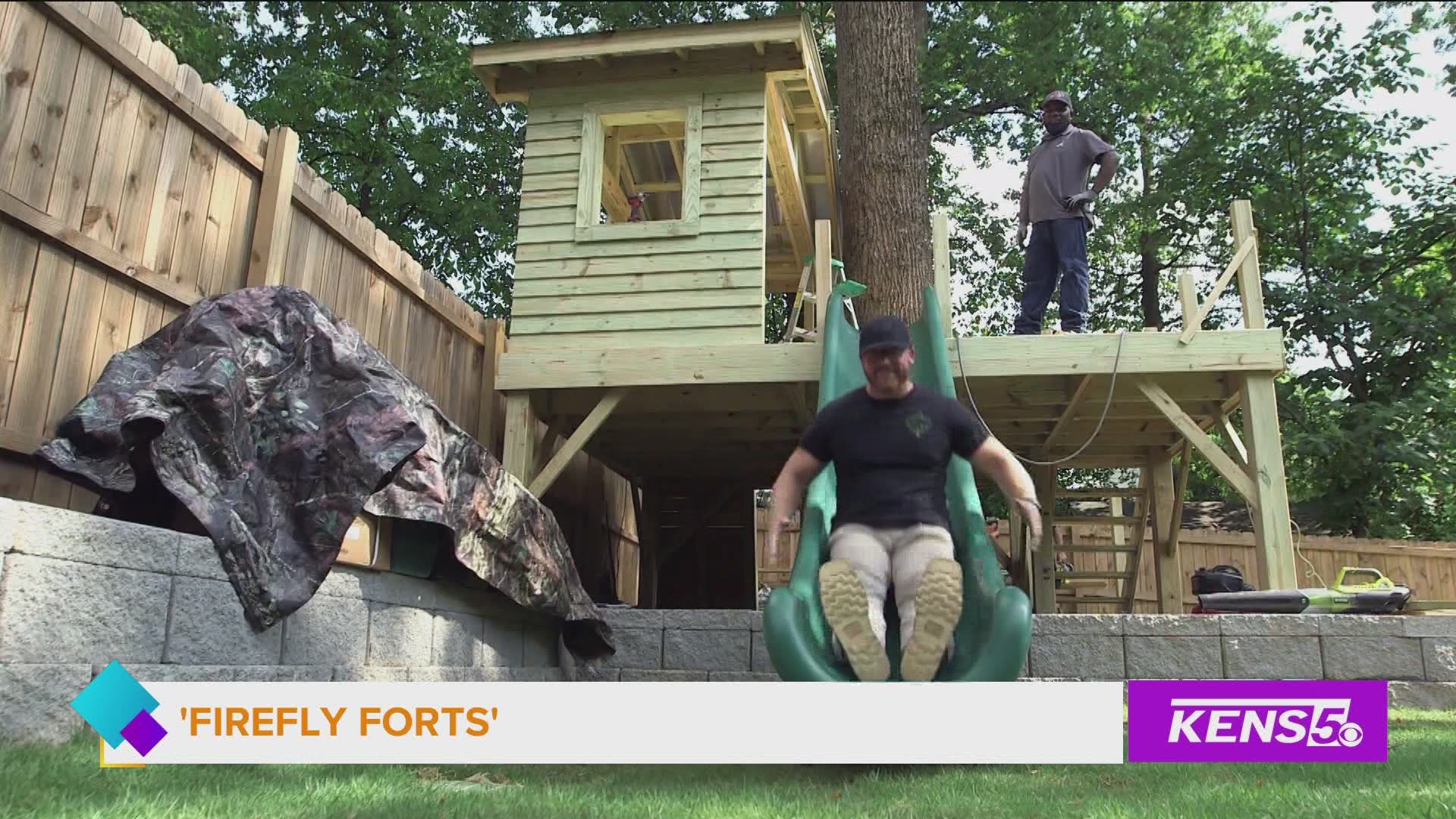 A father builds intercut tree houses using lumber and his personal time.