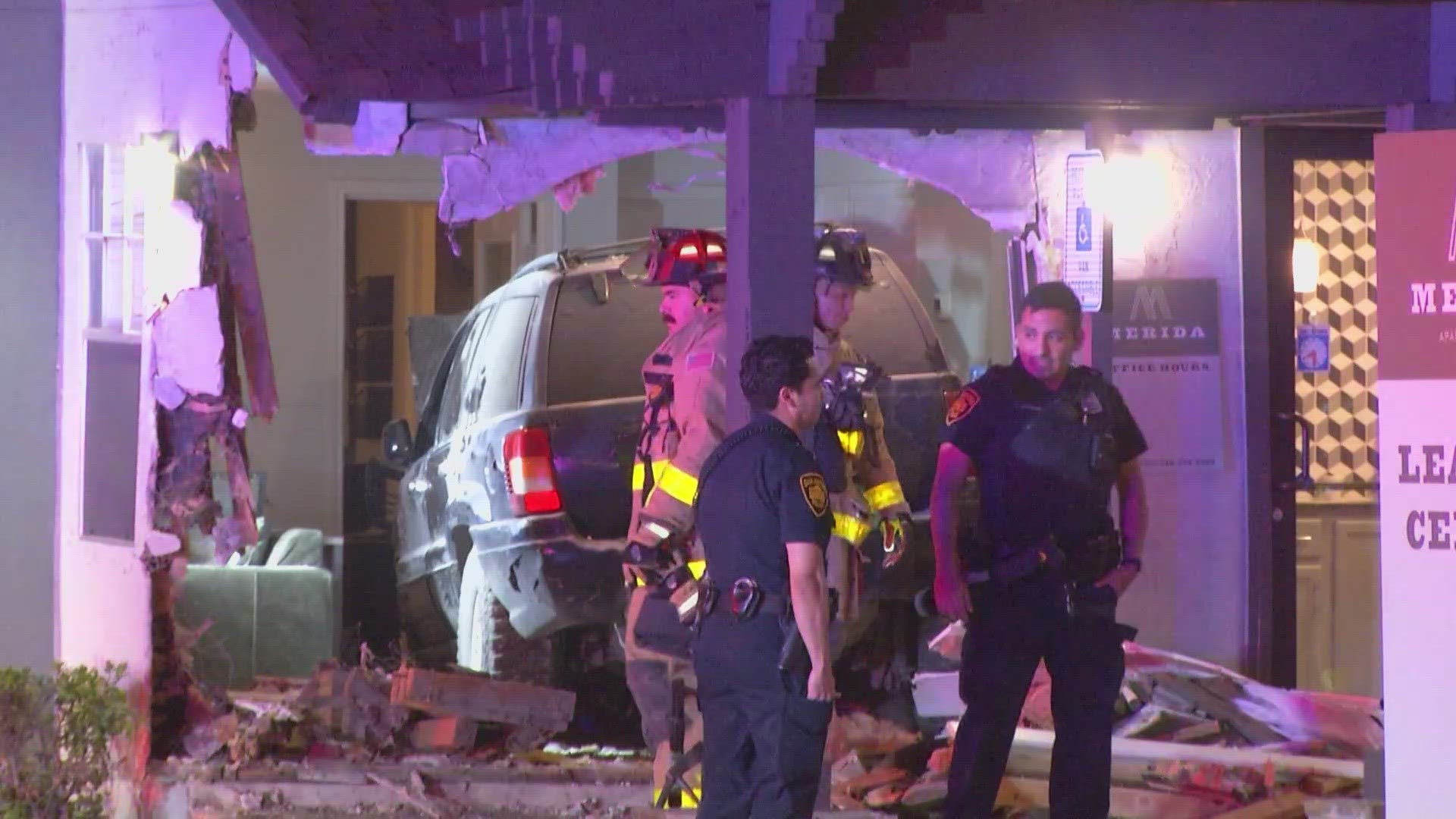 The car went off of Loop 410 access road and ended up in the office at the Merida apartment homes.